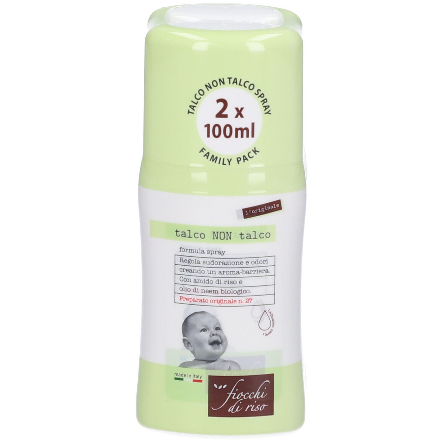 Due flaconi di spray Fiocchi di Riso Talco Non Talco. Confezione verde con informazioni e foto di bambino.