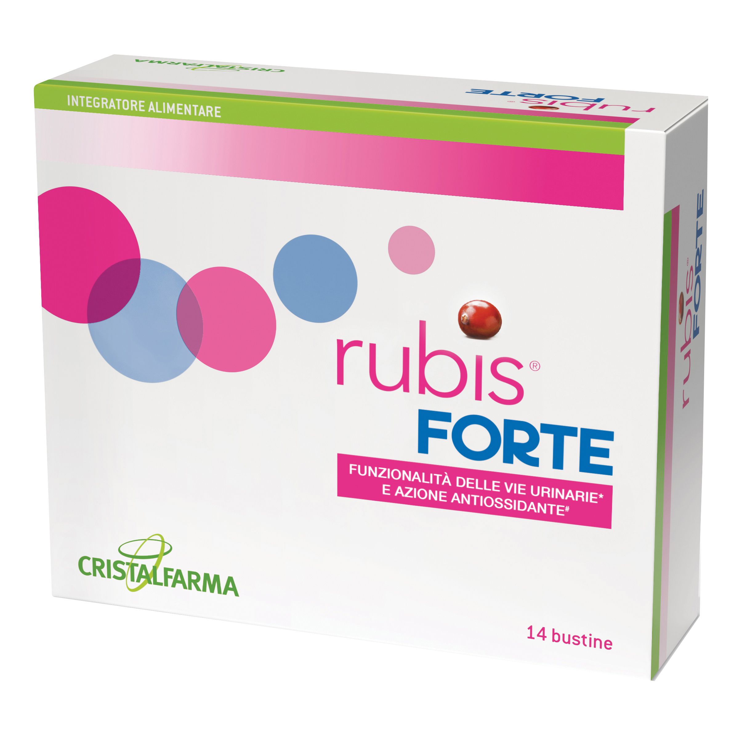 Confezione di rubis FORTE. Scatola bianca con cerchi rosa e blu, bacca rossa. Testo: rubis FORTE, 14 bustine.