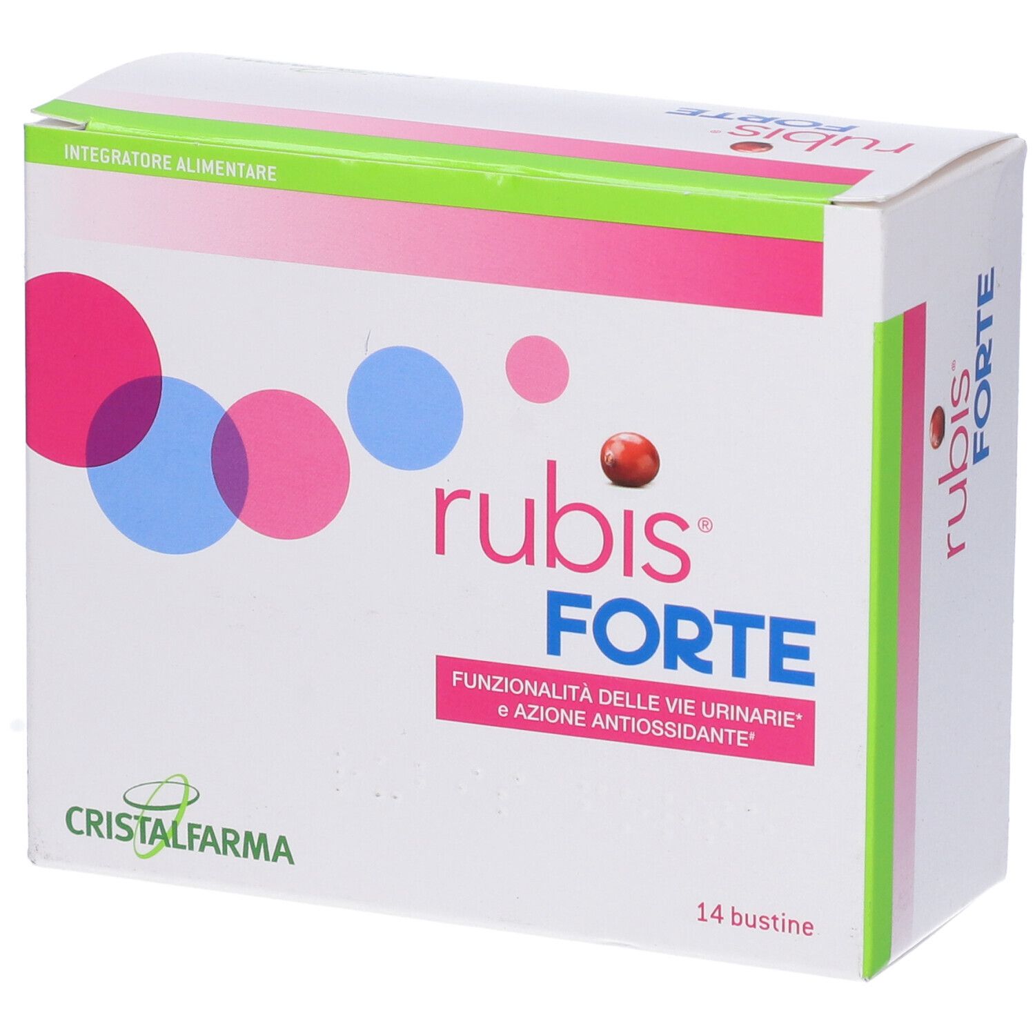 Confezione di rubis FORTE. Scatola bianca con cerchi rosa e blu, bacca rossa. Testo: rubis FORTE, 14 bustine.
