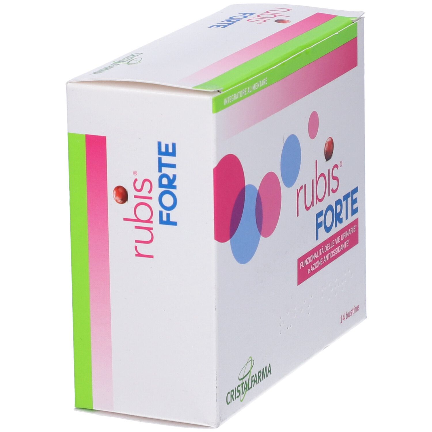 Confezione di rubis FORTE in prospettiva. Scatola bianca con cerchi rosa e blu, bacca rossa. Testo: rubis FORTE, 14 bustine.