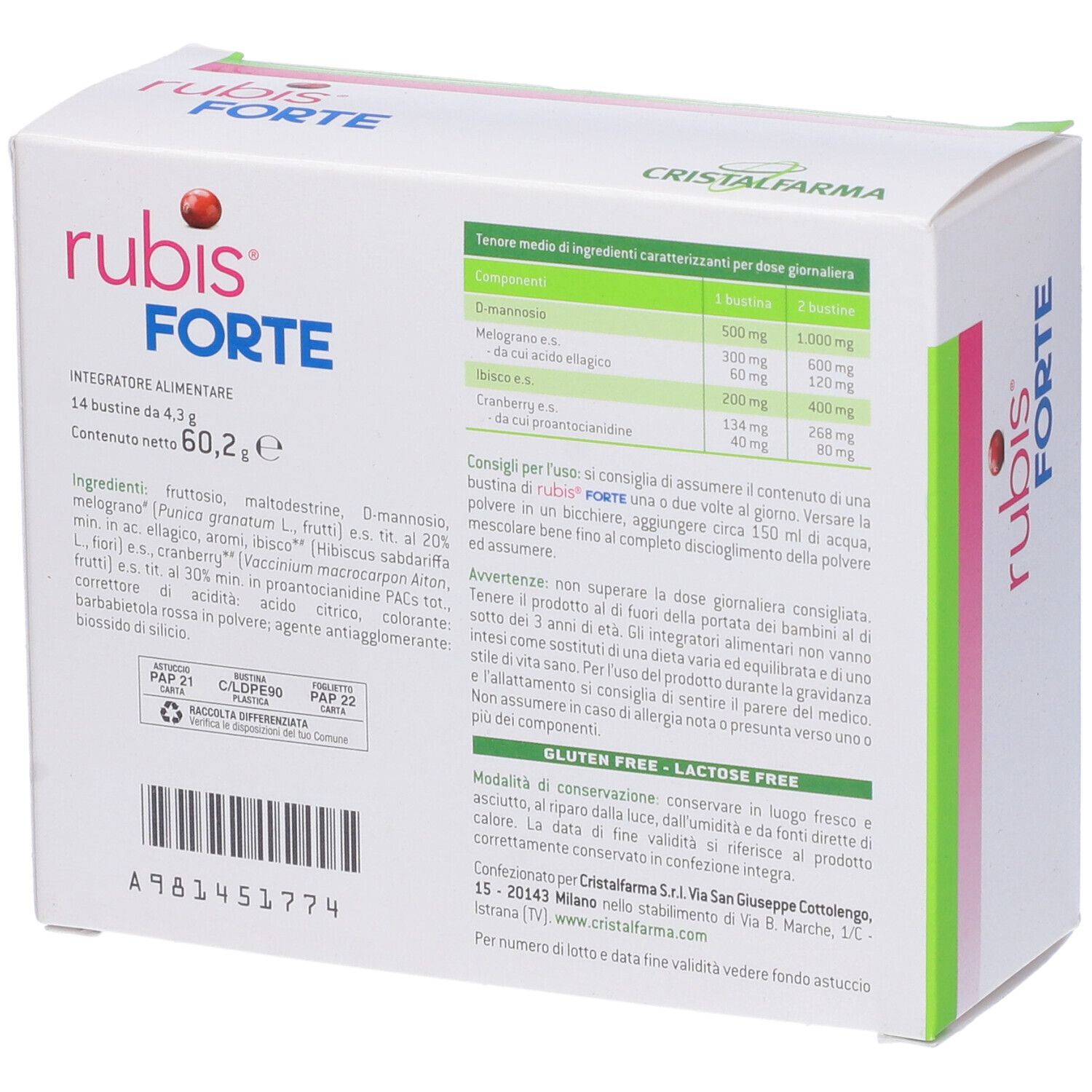 Retro della confezione rubis FORTE. Contiene ingredienti e informazioni nutrizionali. Testo: rubis FORTE, 14 bustine.
