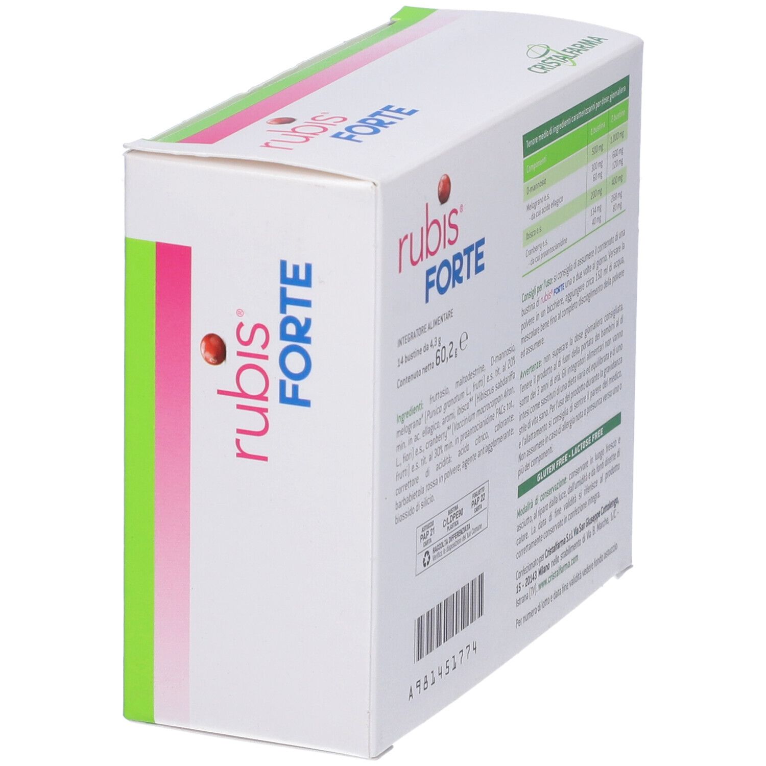 Confezione rubis FORTE in prospettiva. Retro con ingredienti e informazioni nutrizionali. Testo: rubis FORTE, 14 bustine.
