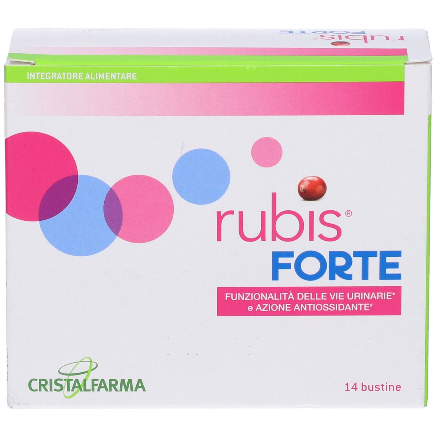 Confezione di rubis FORTE. Scatola bianca con cerchi rosa e blu, bacca rossa. Testo: rubis FORTE, 14 bustine.
