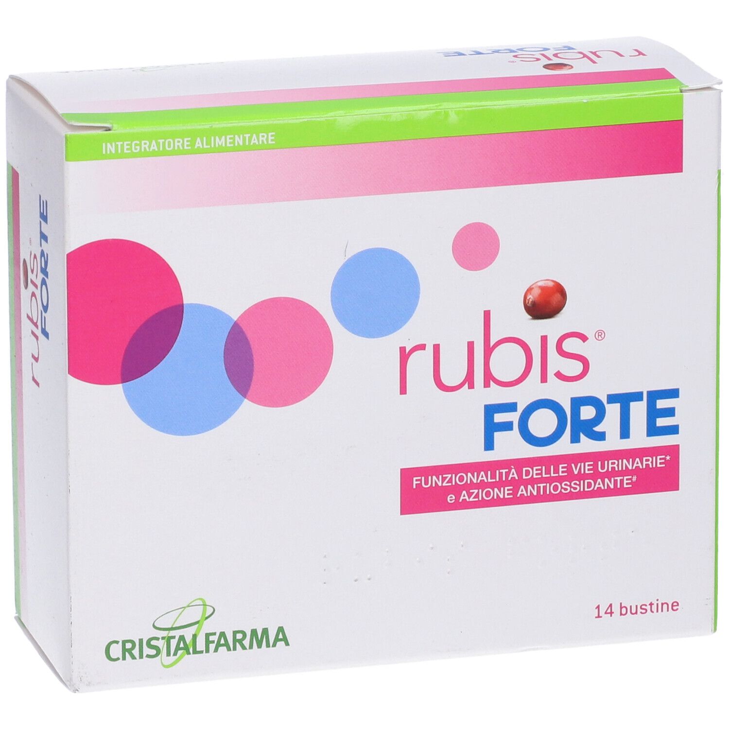 Confezione di rubis FORTE. Scatola bianca con cerchi rosa e blu, bacca rossa. Testo: rubis FORTE, 14 bustine.