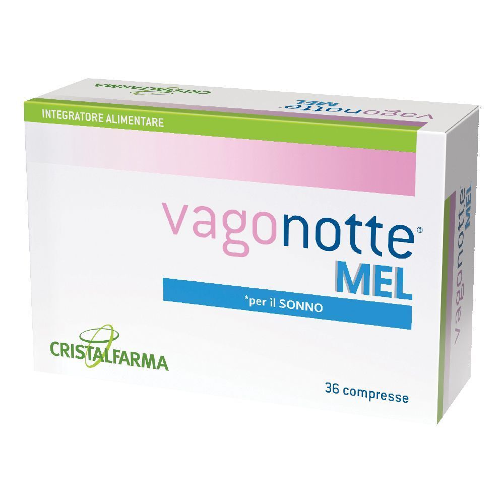 Scatola bianca con dettagli rosa e verdi. Scritto: Vagonotte MEL, 36 compresse. Marchio: Cristal Farma.