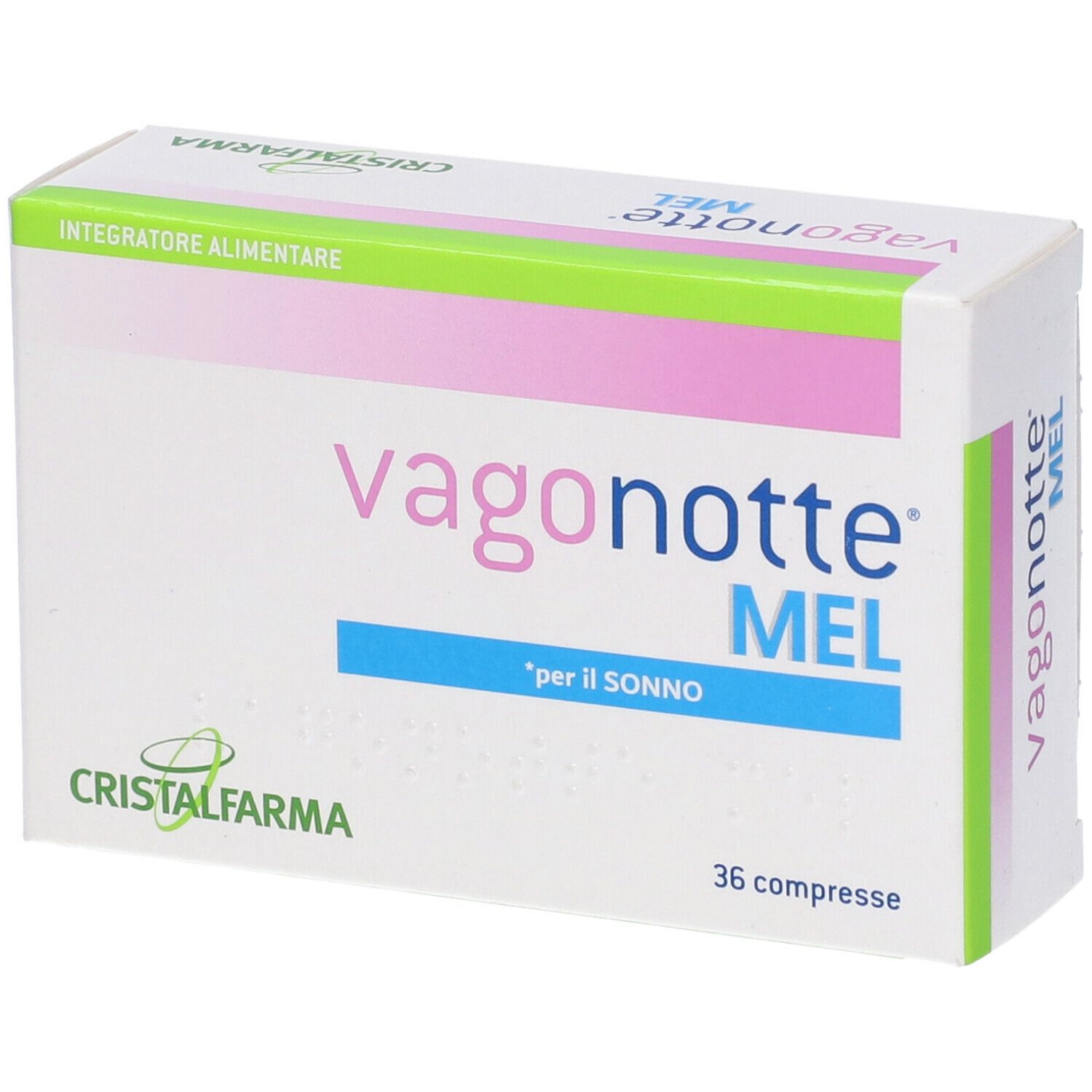 Scatola bianca con dettagli rosa e verdi. Scritto: Vagonotte MEL, 36 compresse. Marchio: Cristal Farma.