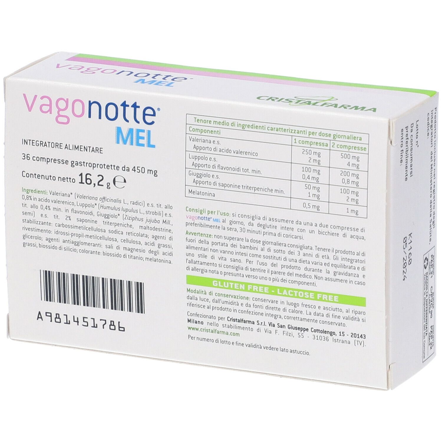 Scatola con informazioni e tabella nutrizionale. Scritto: Vagonotte MEL, 36 compresse. Marchio: Cristal Farma. Senza glutine e lattosio.