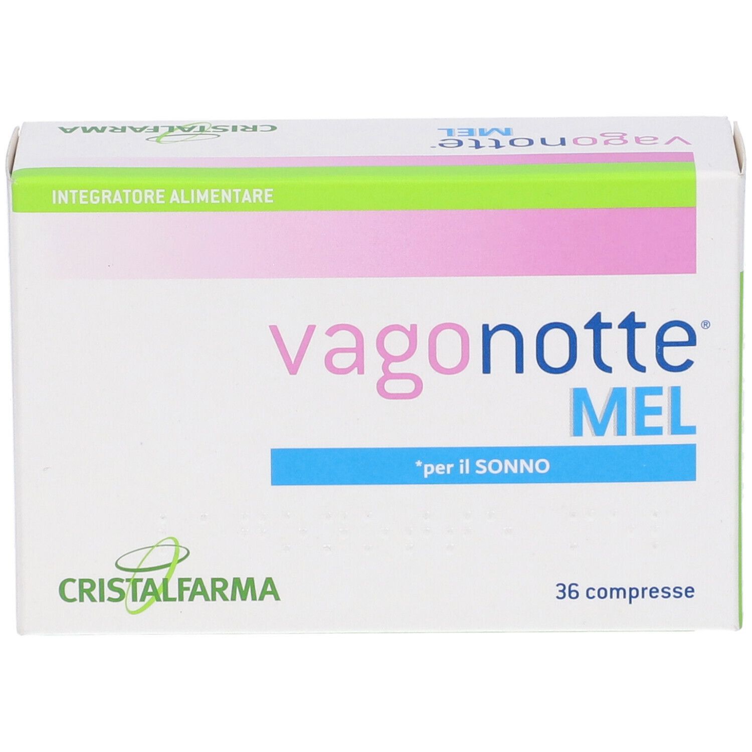 Scatola bianca con dettagli rosa e verdi. Scritto: Vagonotte MEL, 36 compresse. Marchio: Cristal Farma.