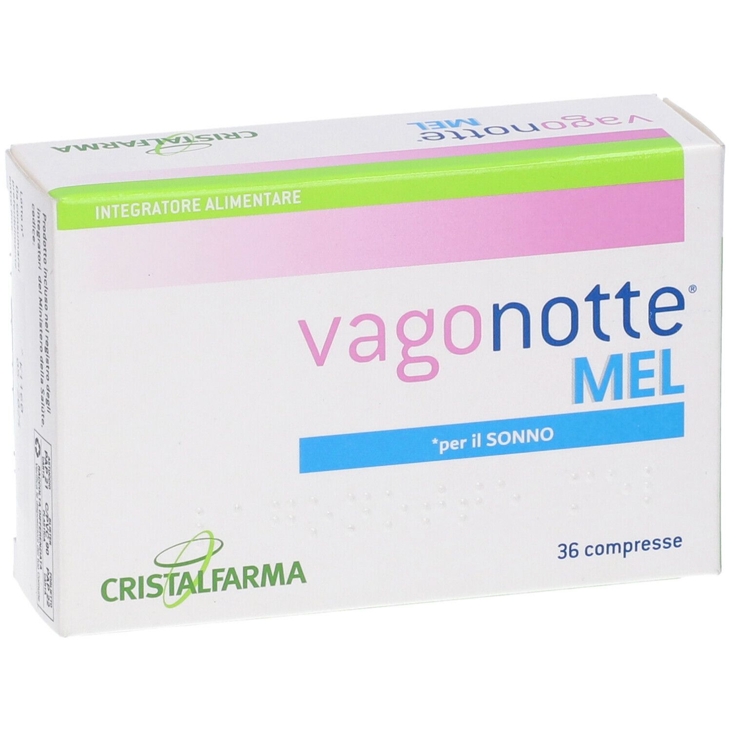 Scatola bianca con dettagli rosa e verdi. Scritto: Vagonotte MEL, 36 compresse. Marchio: Cristal Farma.