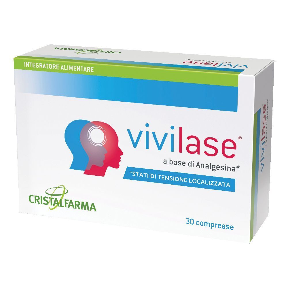 Scatola bianca con logo "Vivilase" e testo. Contiene 30 compresse. Marchio: CristalFarma. Scritta: "a base di Analgesina".