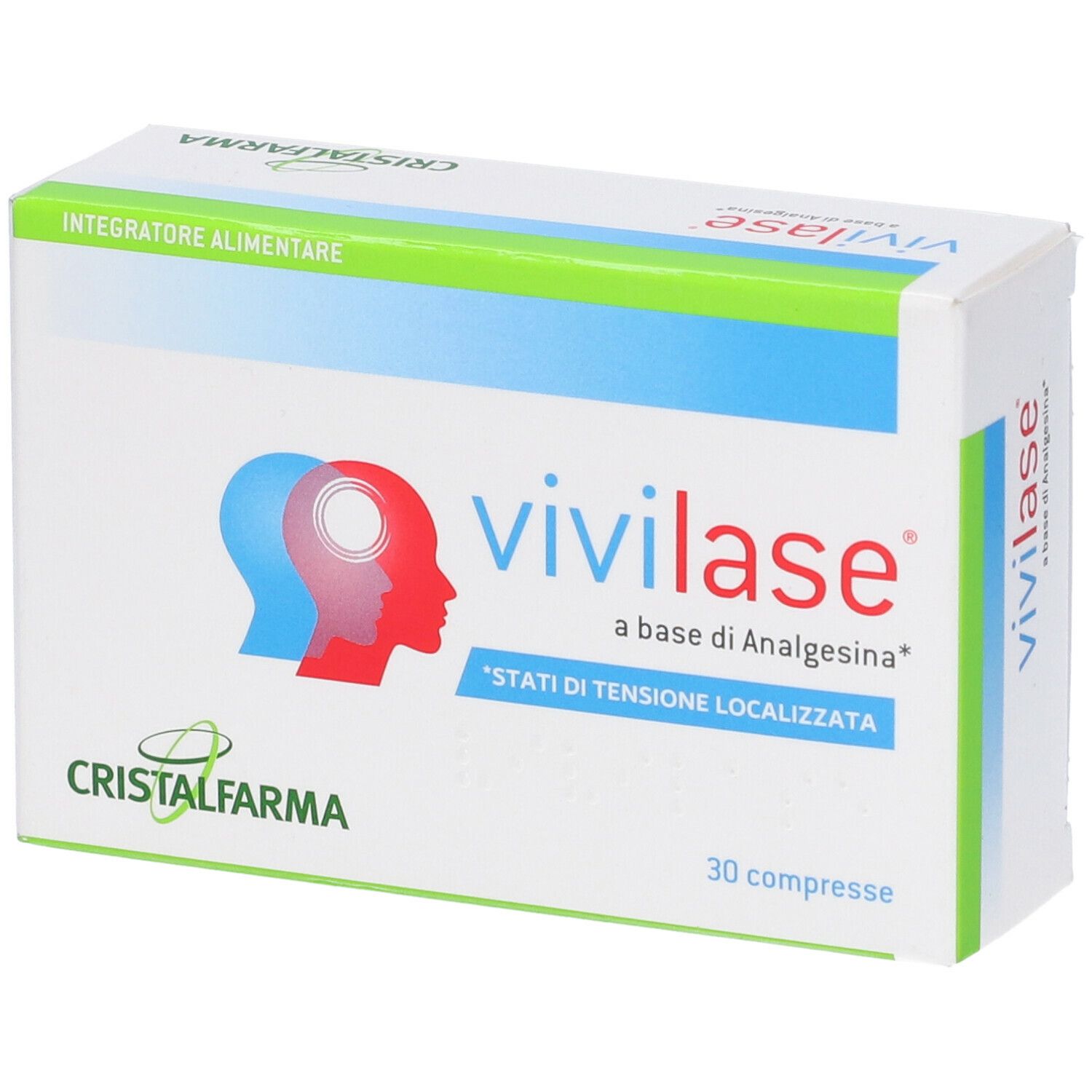 Scatola bianca con logo "Vivilase" e testo. Contiene 30 compresse. Marchio: CristalFarma. Scritta: "a base di Analgesina".