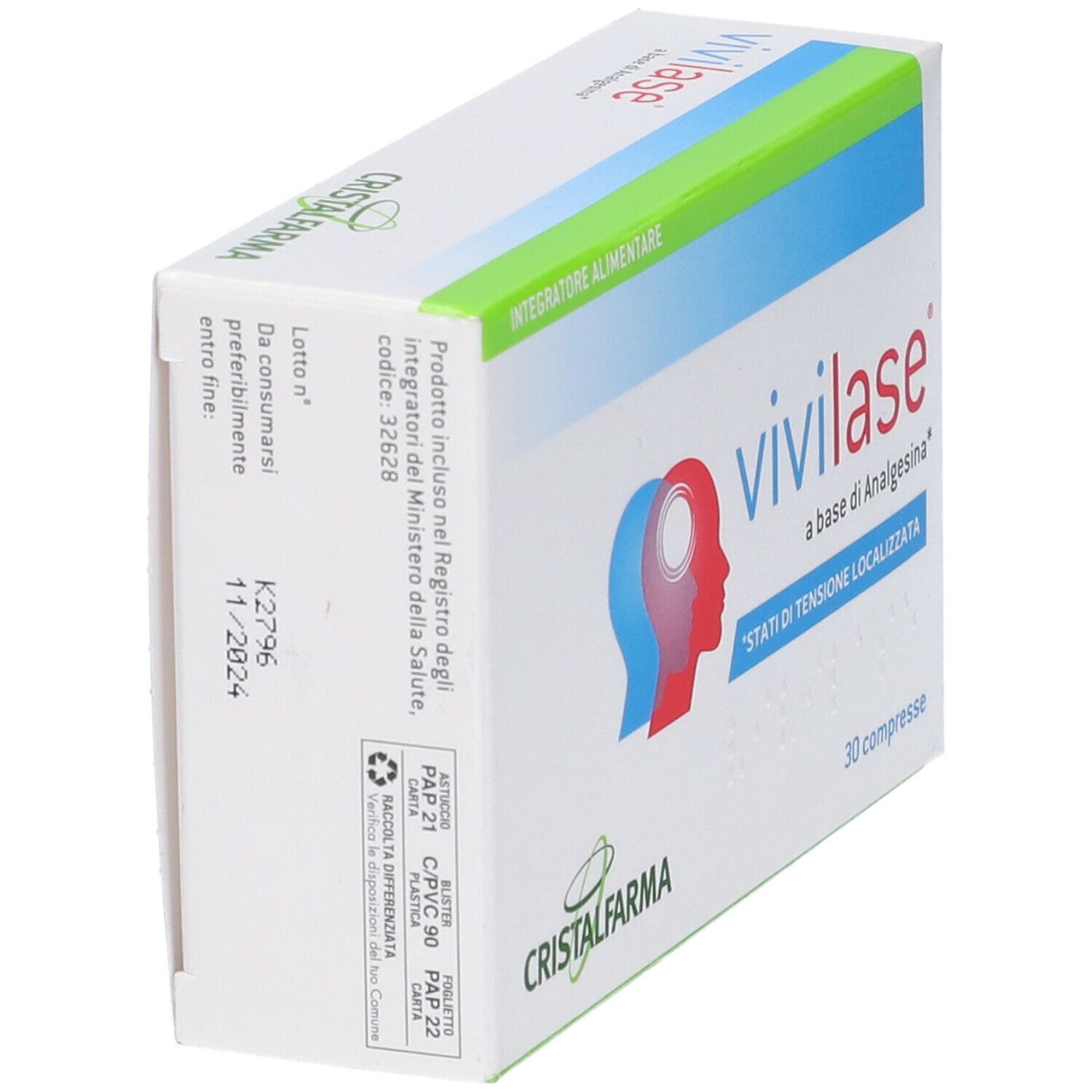 Scatola bianca con logo "Vivilase" e testo. Contiene 30 compresse. Marchio: CristalFarma. Scritta: "a base di Analgesina".