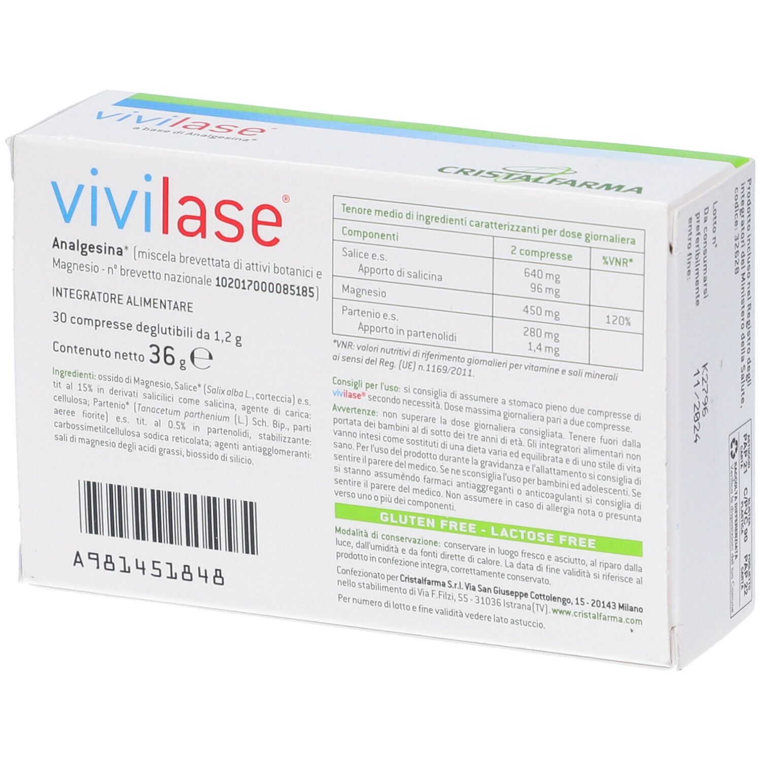 Scatola con logo "Vivilase" e testo. Retro con informazioni sugli ingredienti e il produttore. Marchio: CristalFarma. Contiene 30 compresse.