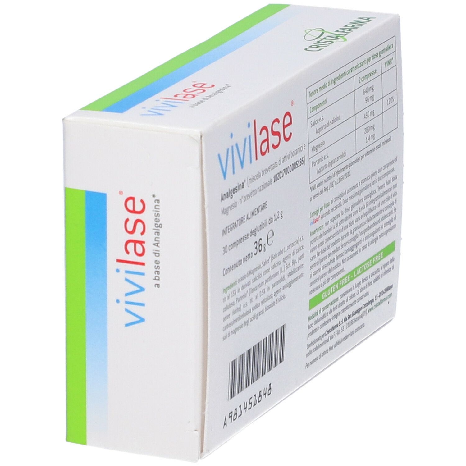 Scatola con logo "Vivilase" e testo. Retro con informazioni sugli ingredienti e il produttore. Marchio: CristalFarma. Contiene 30 compresse.