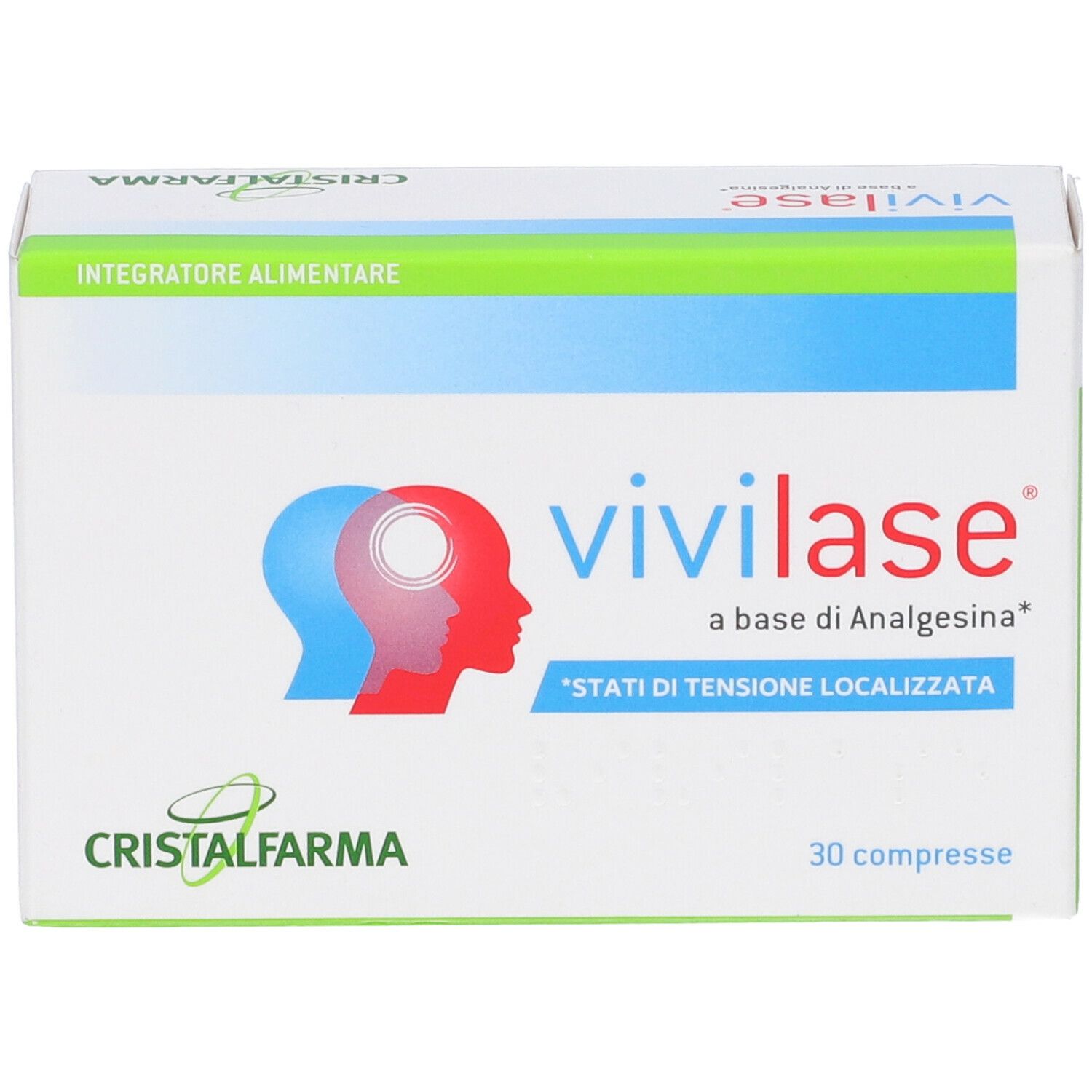 Scatola bianca con logo "Vivilase" e testo. Contiene 30 compresse. Marchio: CristalFarma. Scritta: "a base di Analgesina".