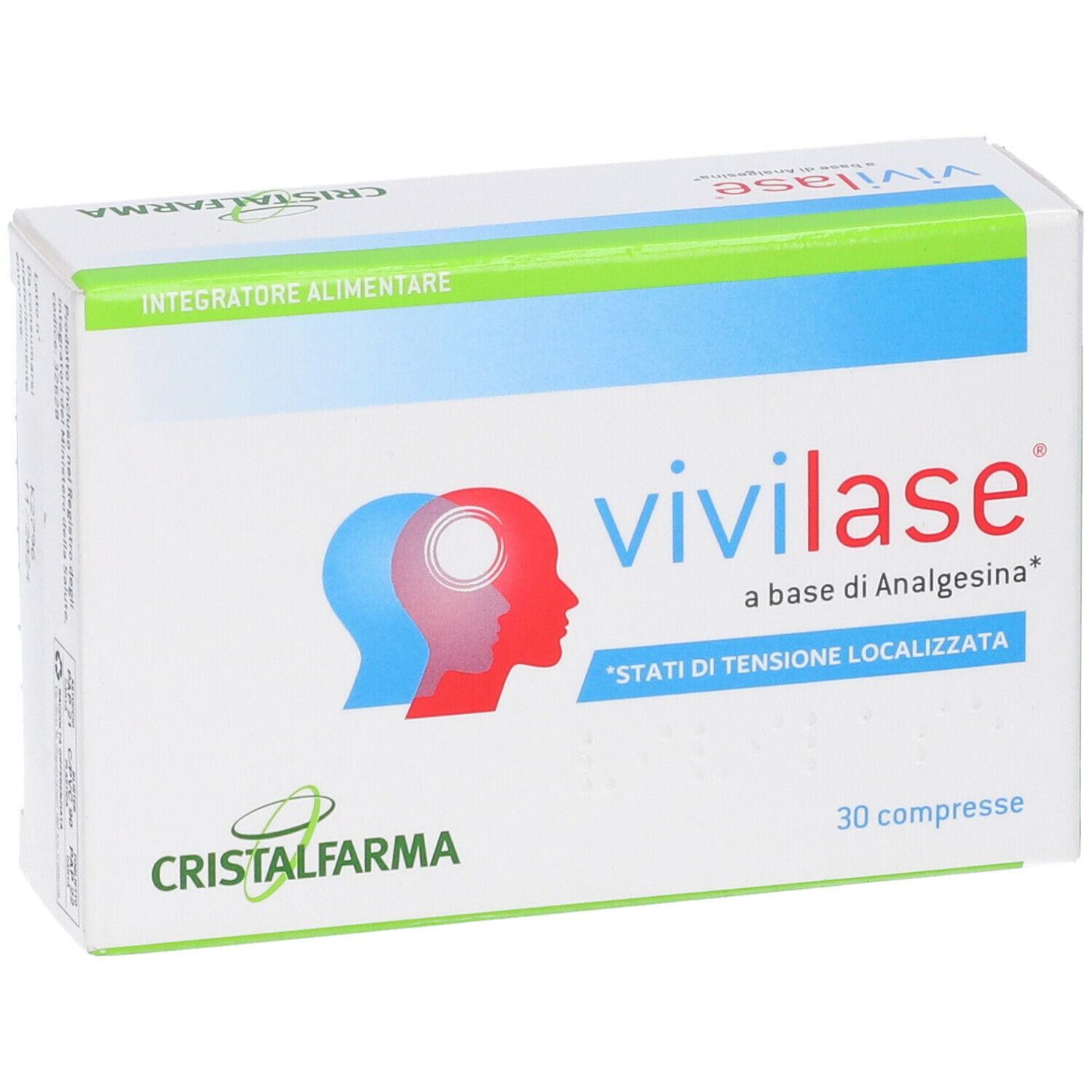 Scatola bianca con logo "Vivilase" e testo. Contiene 30 compresse. Marchio: CristalFarma. Scritta: "a base di Analgesina".