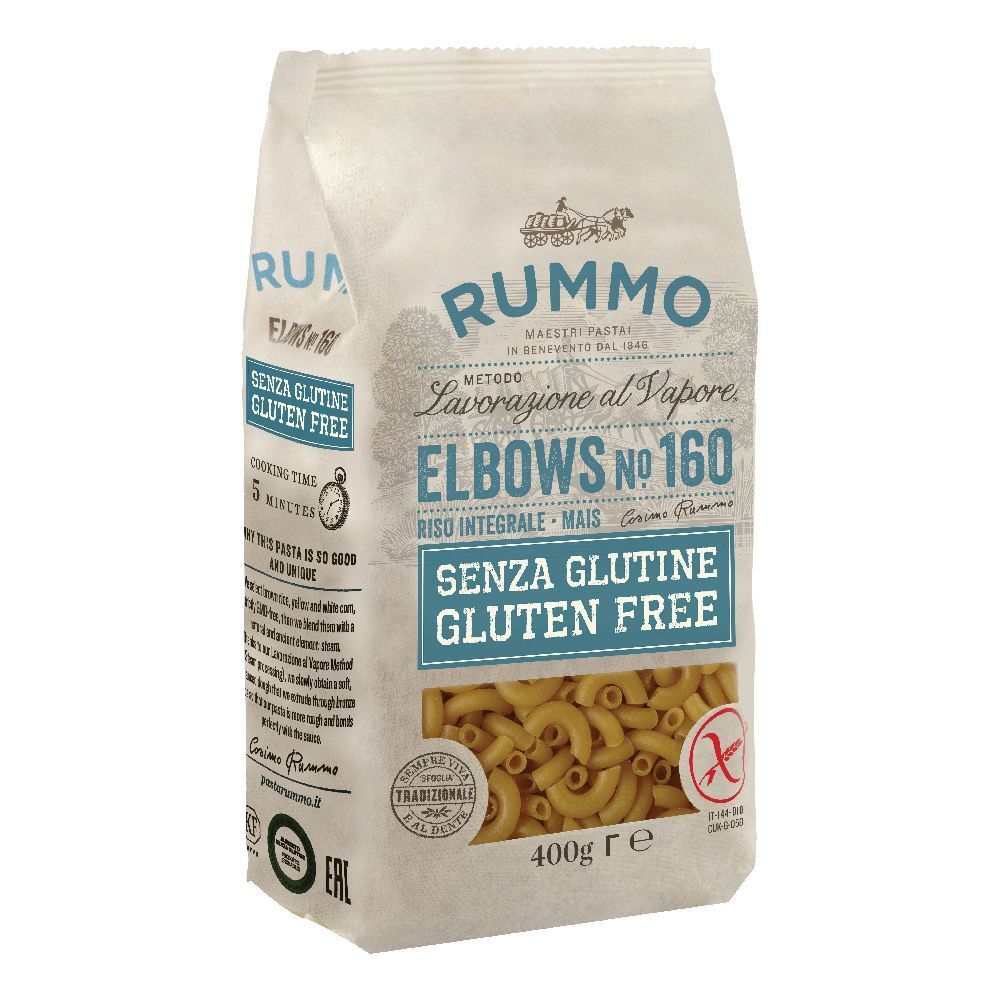 Rummo Elbows N160 Riso Integrale E Mais, glutenfrei. 400g Packung mit Nudeln. Sichtbares Logo und Text.
