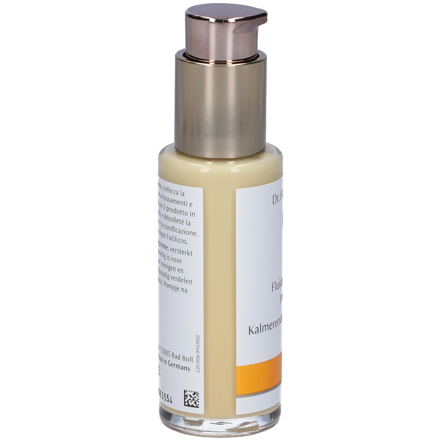 Rückseite des Creme-Flakons. Text in mehreren Sprachen. Aufschrift: Dr. Hauschka, Fludio calmante per il giorno, Kalmerende Vloeibare Dagcrème.