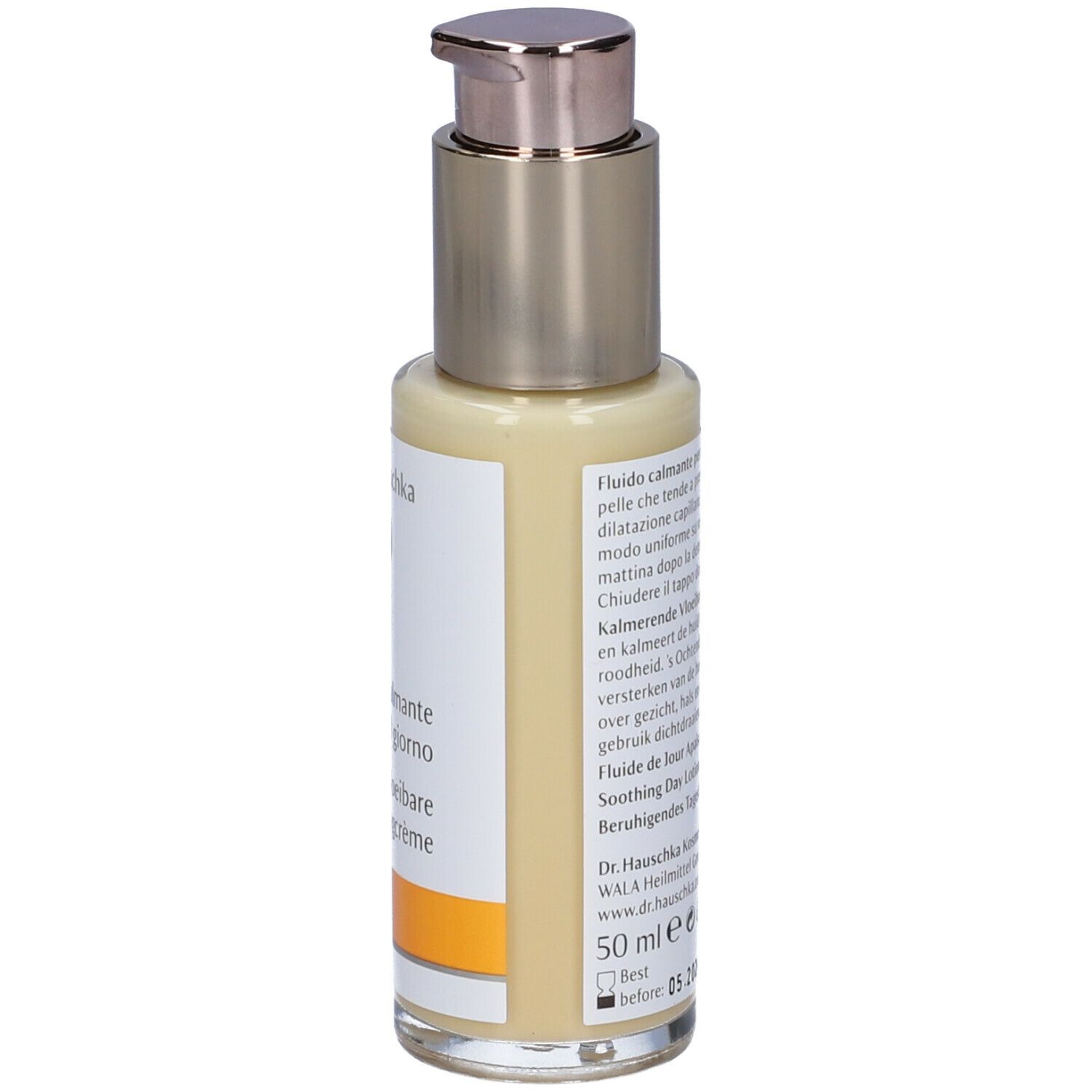 Creme-Flakon mit Dosierpumpe. Aufschrift: Dr. Hauschka, Fludio calmante per il giorno, Kalmerende Vloeibare Dagcrème.