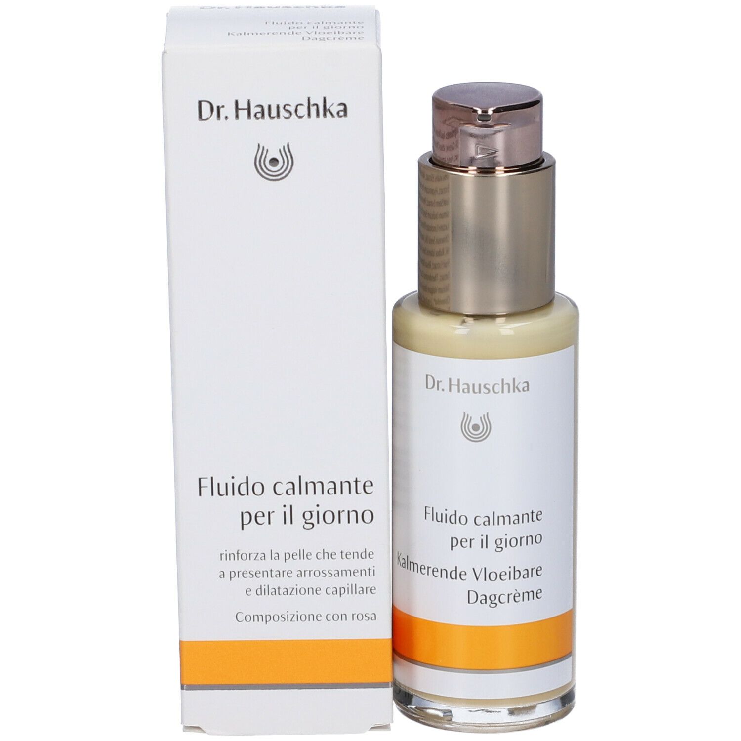 Creme-Flakon mit Dosierpumpe und Verpackung. Aufschrift: Dr. Hauschka, Fludio calmante per il giorno, Kalmerende Vloeibare Dagcrème.