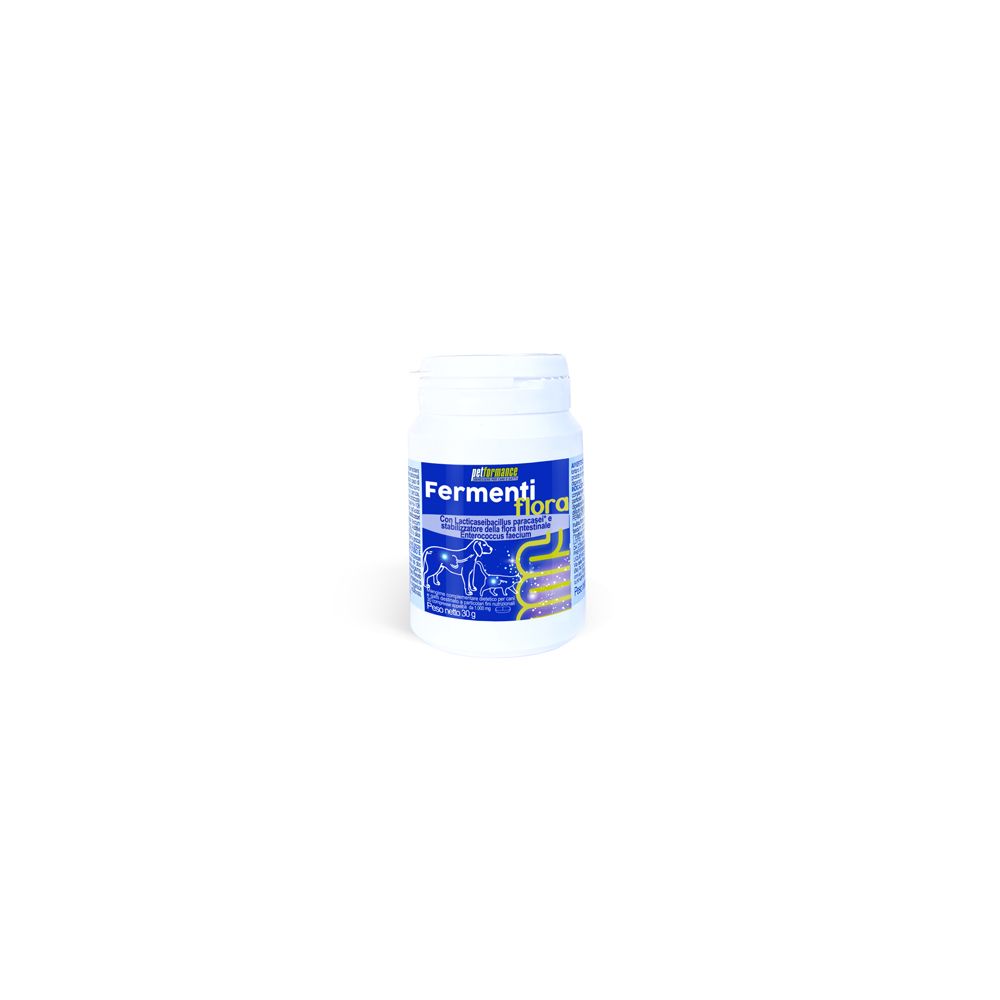 Flacone bianco con etichetta blu. Scritta: Fermenti flora. Per cani e gatti.