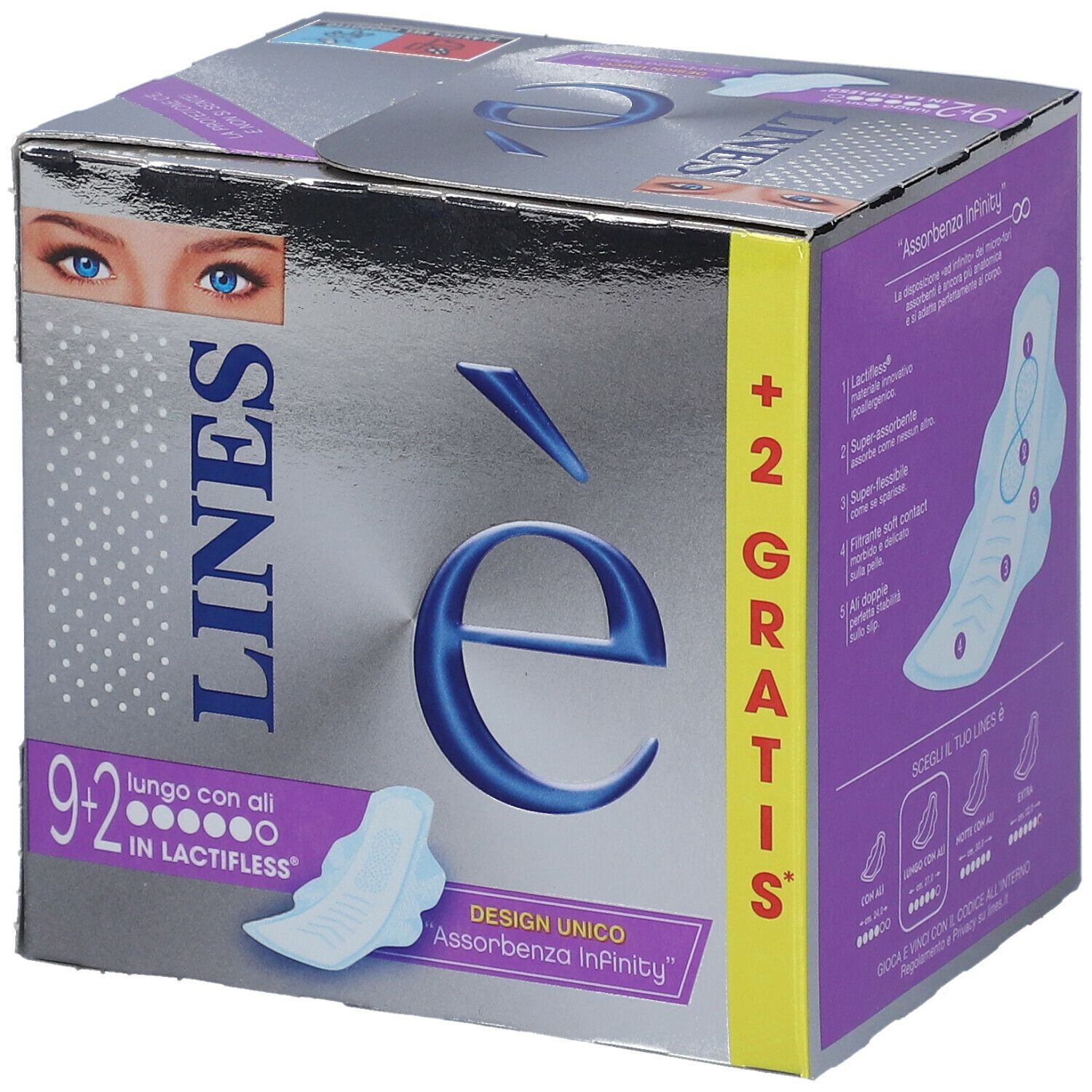Vista laterale della confezione LINES è Lungo con Ali. Immagine del prodotto e testo. Contiene 9+2 pezzi.