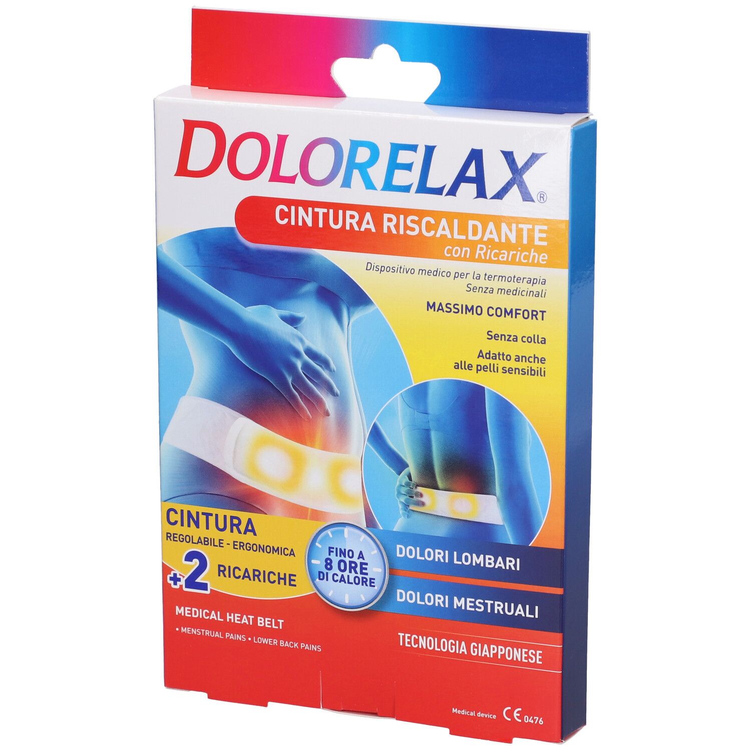 Confezione di Dolorelax Fascia Lombare Riscaldante. Immagine del prodotto e testo. Dispositivo medico.
