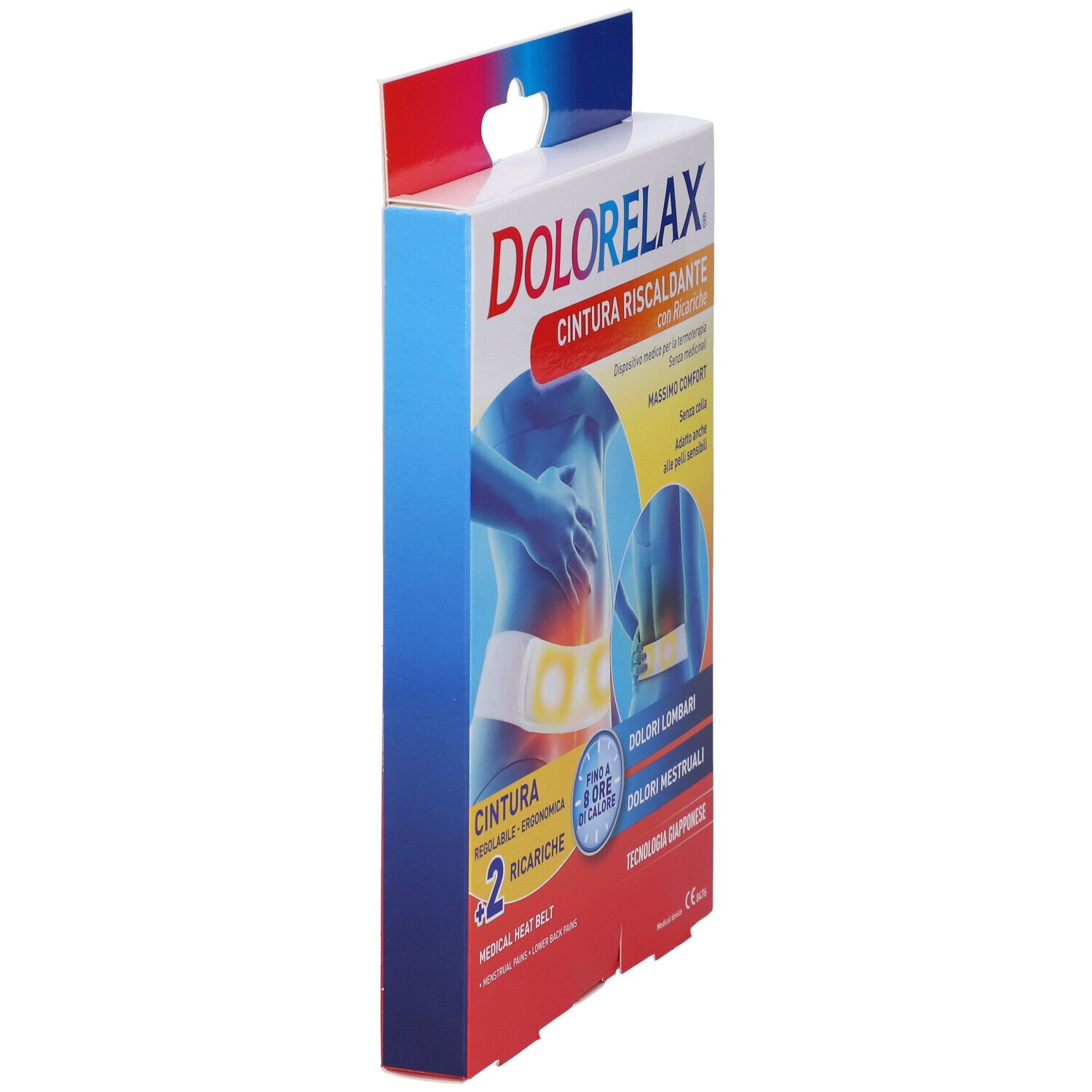Vista laterale della confezione di Dolorelax Fascia Lombare Riscaldante. Nome e testo visibili.
