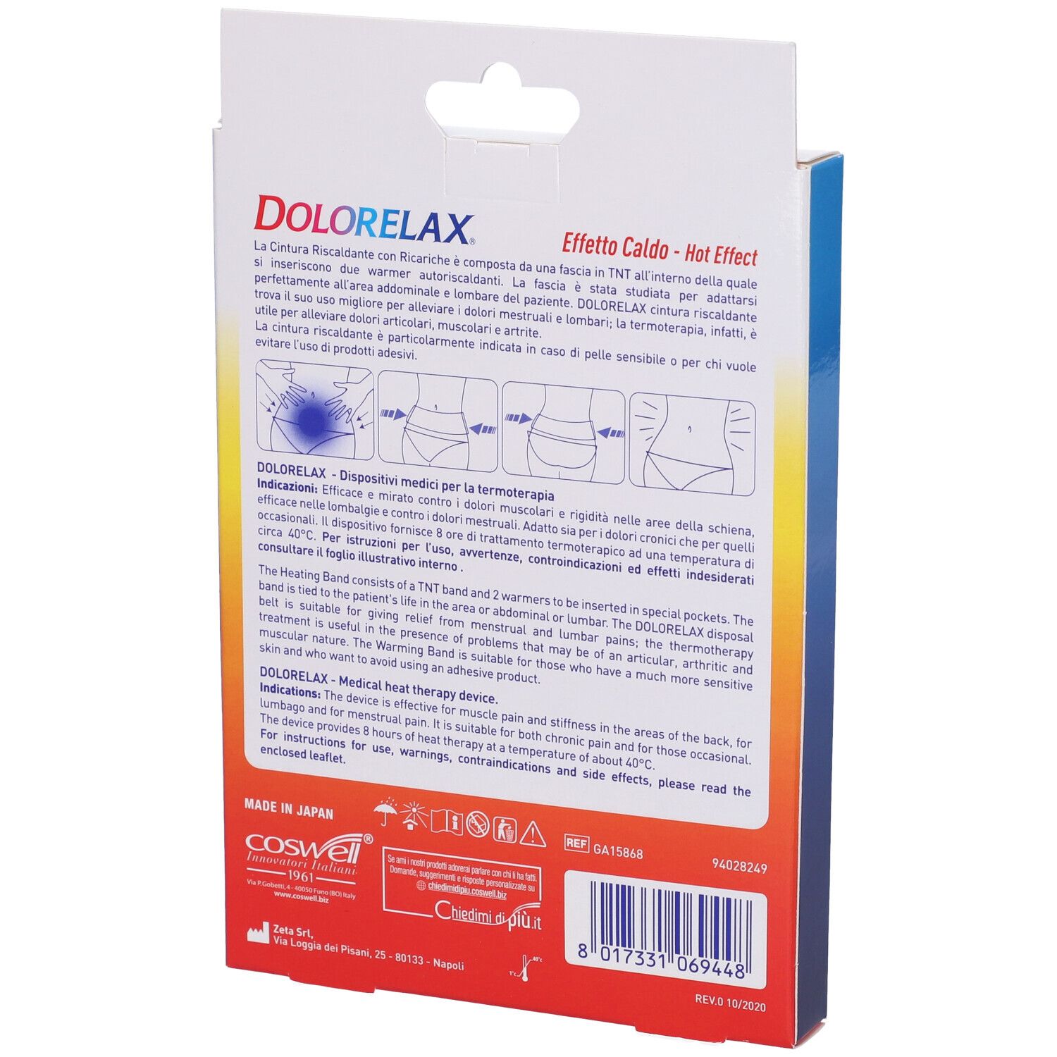 Retro della confezione Dolorelax Fascia Lombare Riscaldante. Testo e illustrazioni.