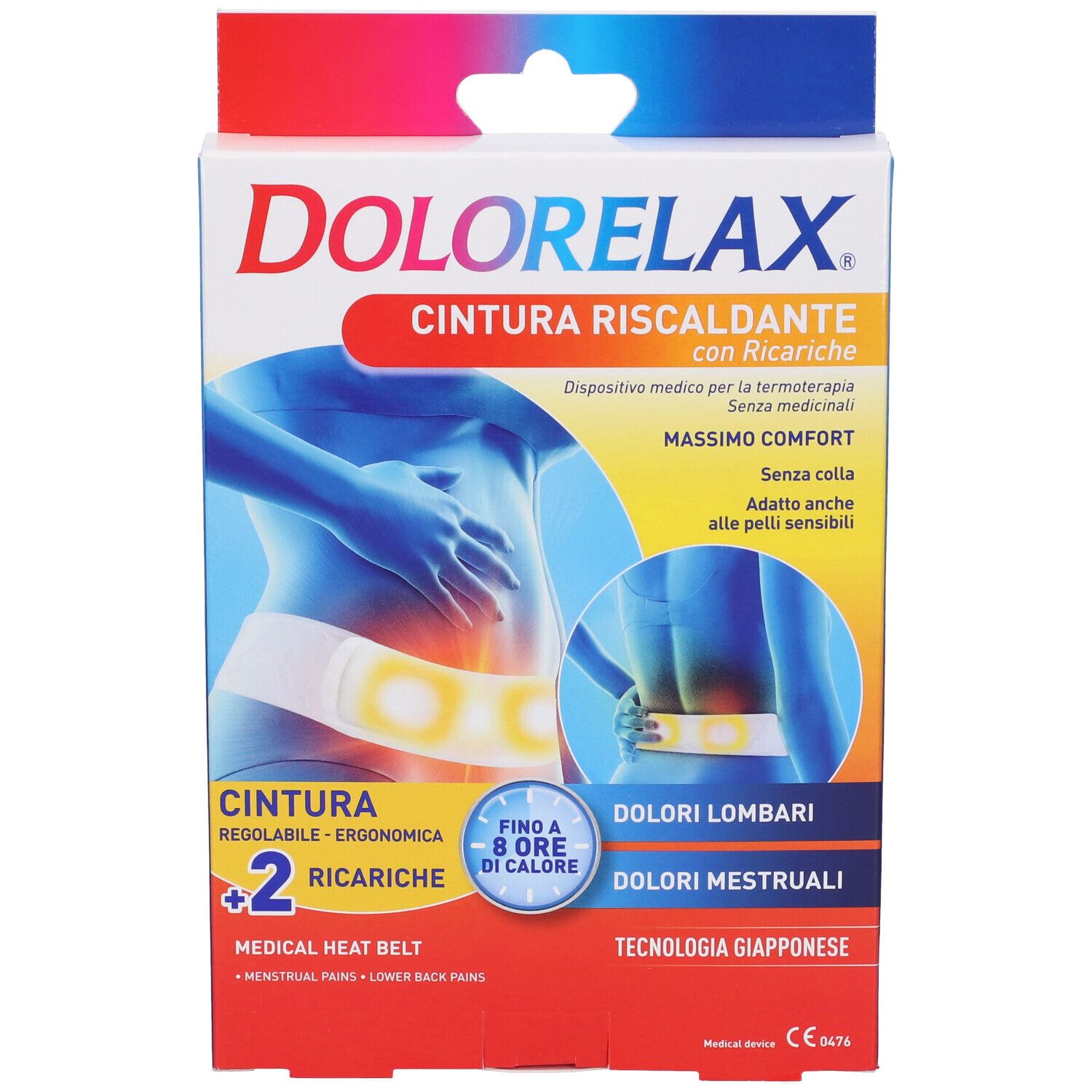Vista frontale della confezione di Dolorelax Fascia Lombare Riscaldante. Immagine e testo.
