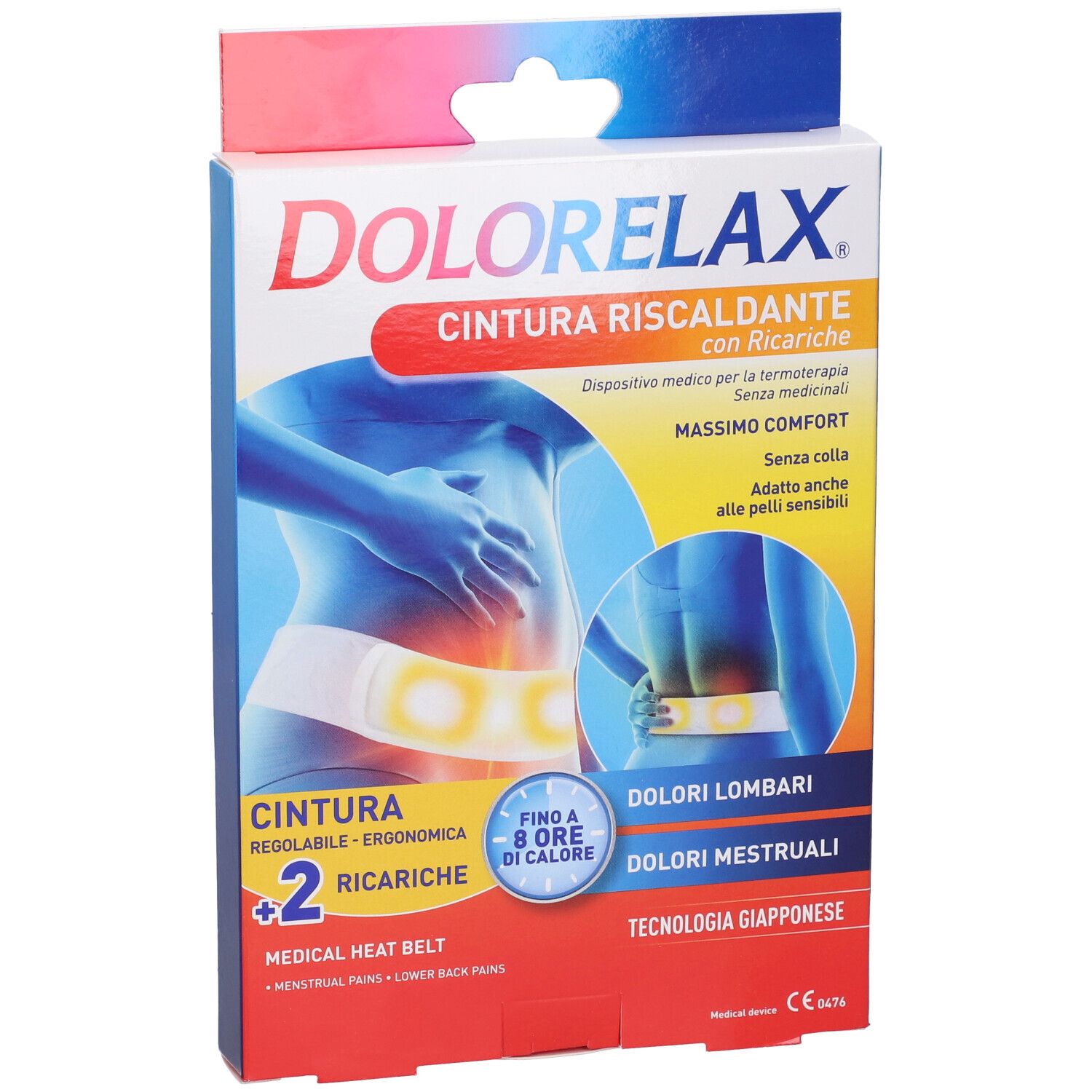 Vista frontale della confezione di Dolorelax Fascia Lombare Riscaldante. Immagine e testo.