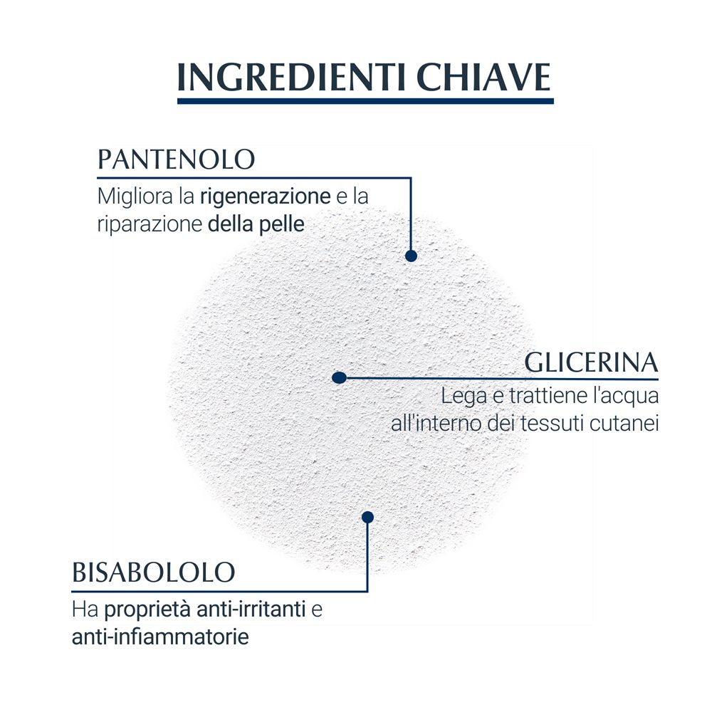 Grafico con ingredienti: Pantenolo, Glicerina, Bisabololo. Testo che descrive i loro effetti sulla pelle.