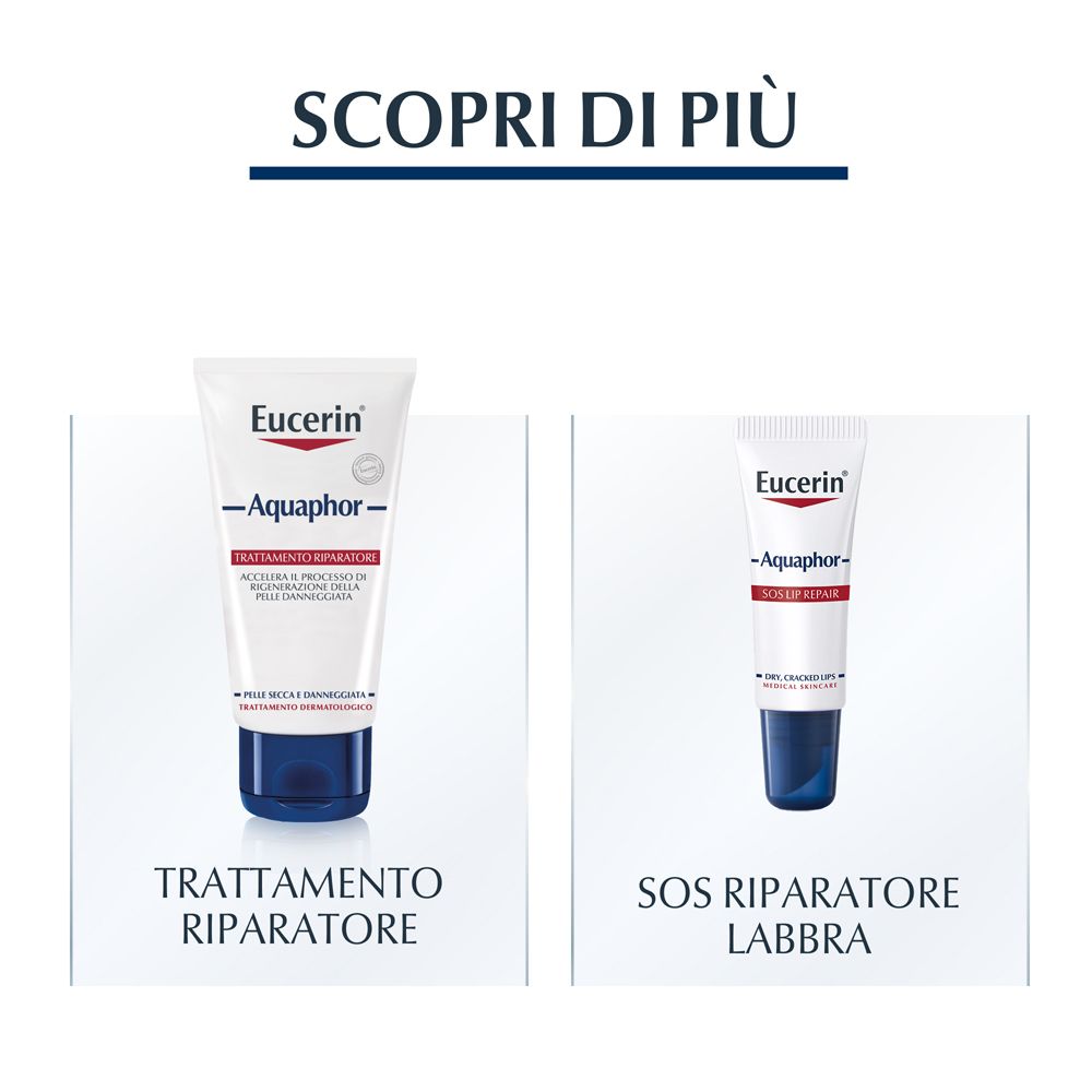 Due prodotti Eucerin. A sinistra: Aquaphor Trattamento Riparatore. A destra: SOS Riparatore Labbra.