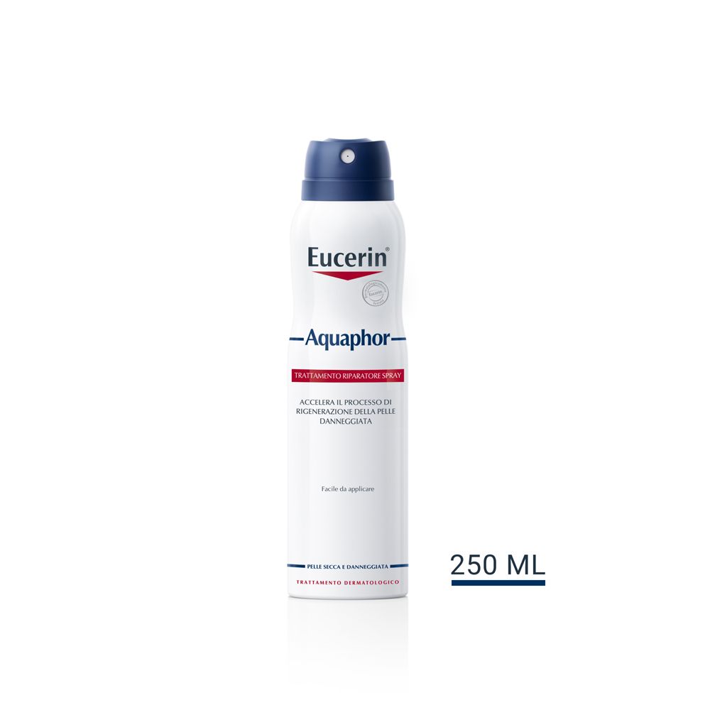 Spray Eucerin Aquaphor. Flacone bianco con erogatore blu. 250 ml.