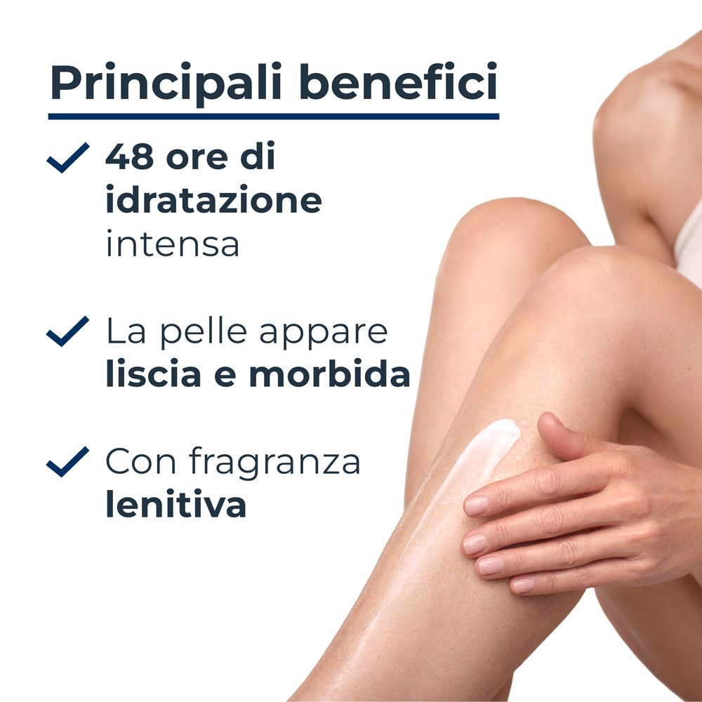 Gambe con crema. Testo: 48 ore di idratazione, pelle liscia, profumo lenitivo.