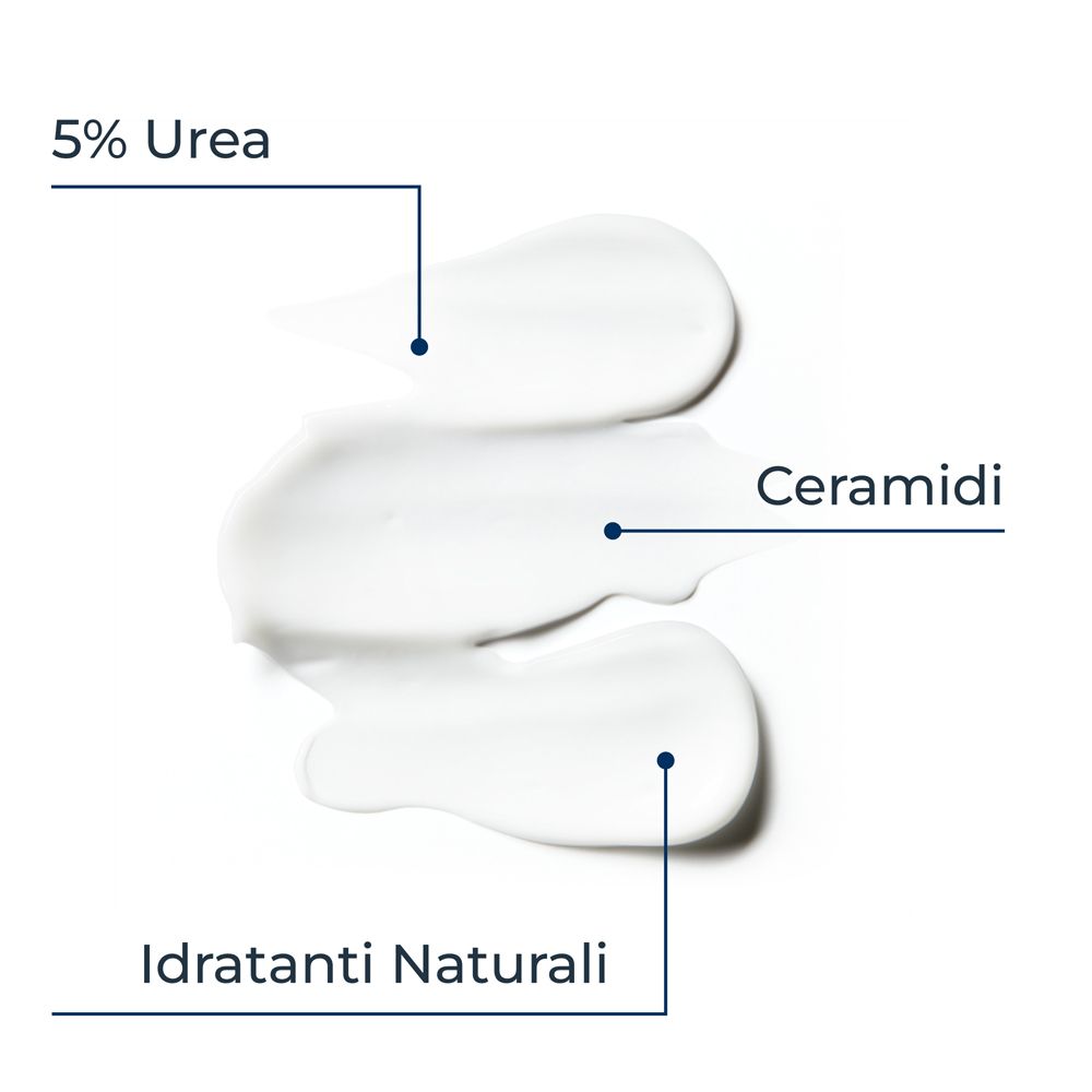 Gocce di crema: 5% Urea, Ceramidi, fattori idratanti naturali.