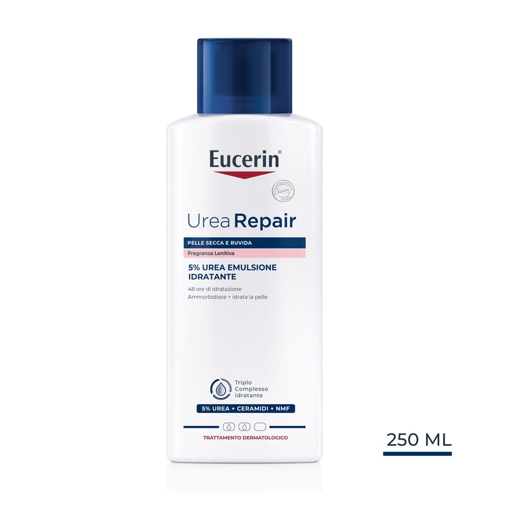 Eucerin UreaRepair PLUS Emulsione. Flacone bianco con tappo blu. 250 ml.
