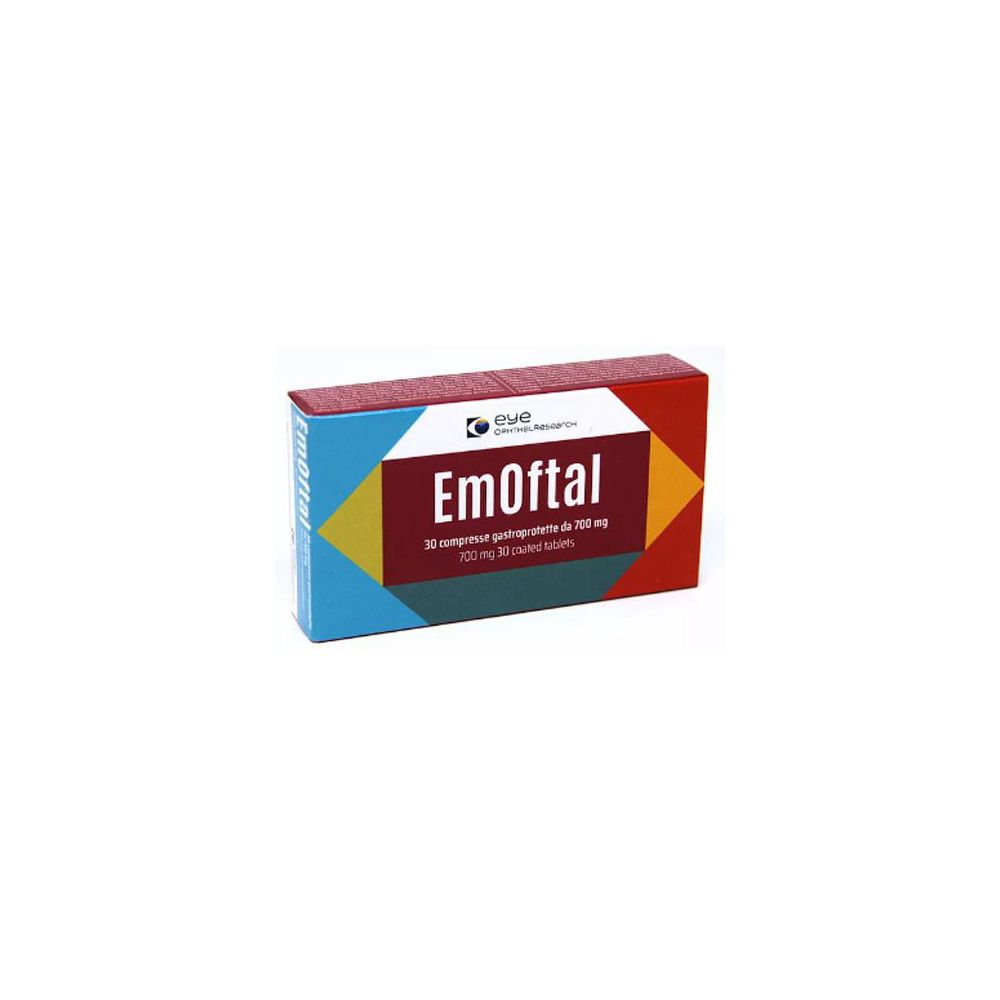 Confezione di Emoftal. Scatola rossa, bianca e blu con nome e logo. 30 compresse.