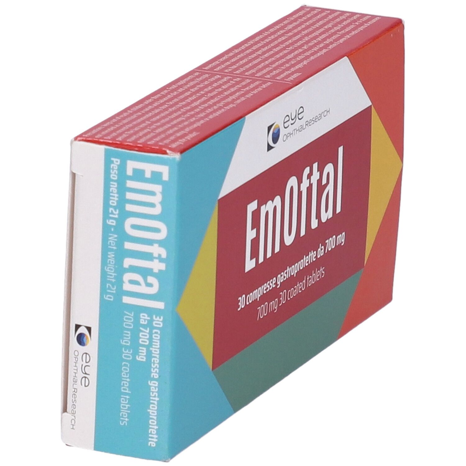 Confezione di Emoftal. Vista dall'alto. Nome e logo. 30 compresse.