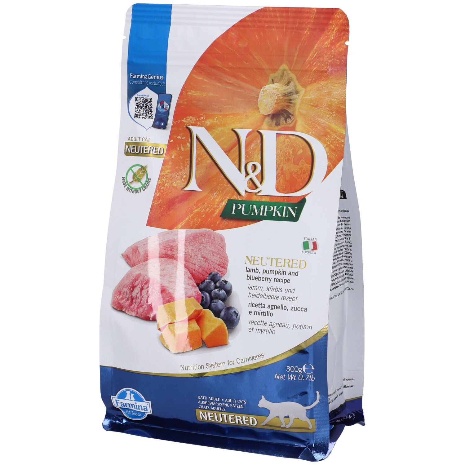 Confezione Farmina N&D Pumpkin per gatti, agnello, zucca e mirtillo. Contiene testo e immagini degli ingredienti.