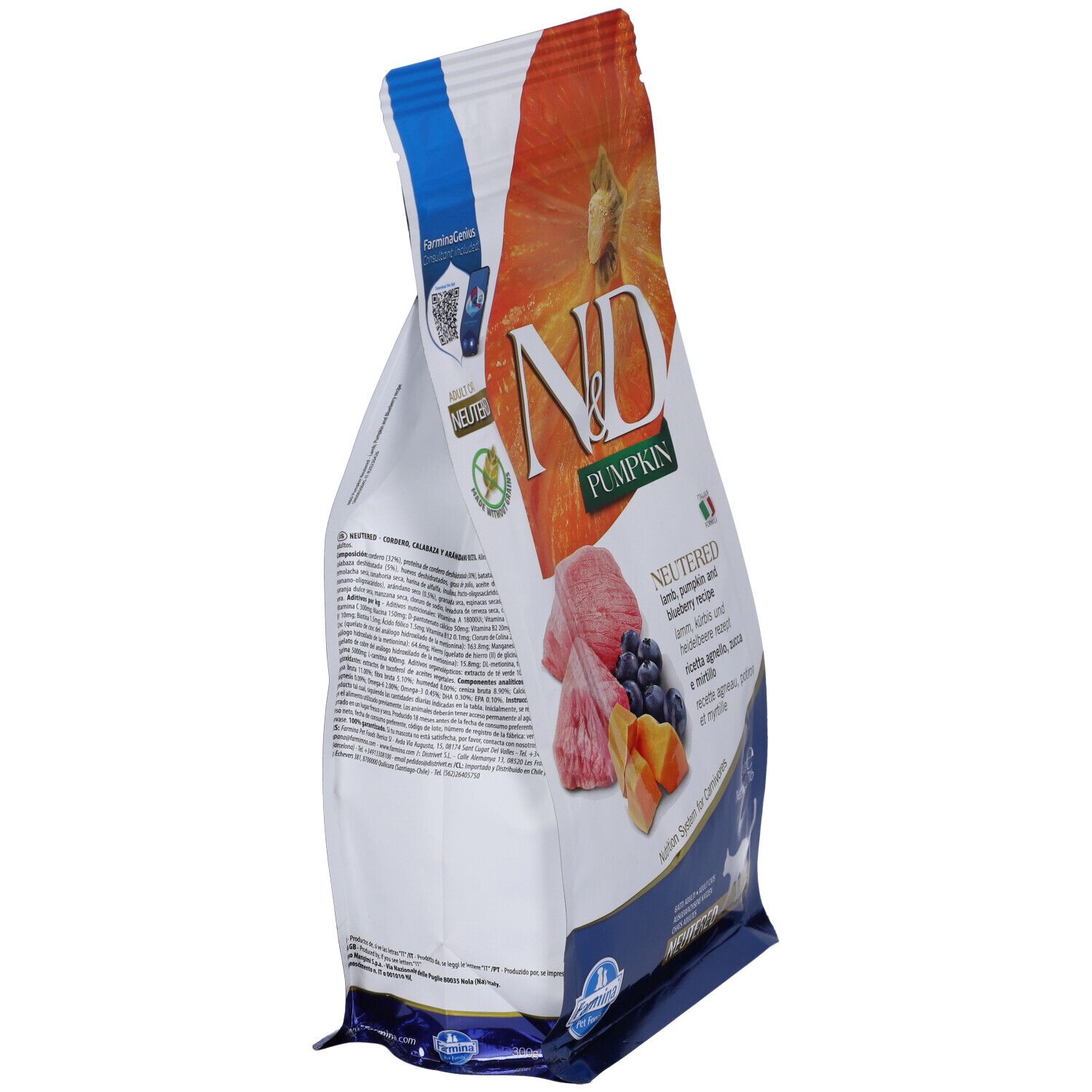 Vista obliqua della confezione di cibo per gatti Farmina N&D Pumpkin. Mostra testo e immagini degli ingredienti.