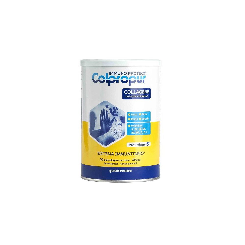 Barattolo cilindrico blu e giallo. Scritta: Colpropur Immuno Protect, collagene. Contiene vitamine e minerali.