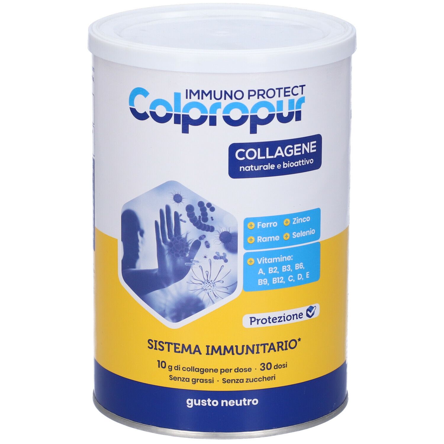 Barattolo cilindrico con coperchio bianco. Scritta: Colpropur Immuno Protect, collagene. Contiene vitamine e minerali.