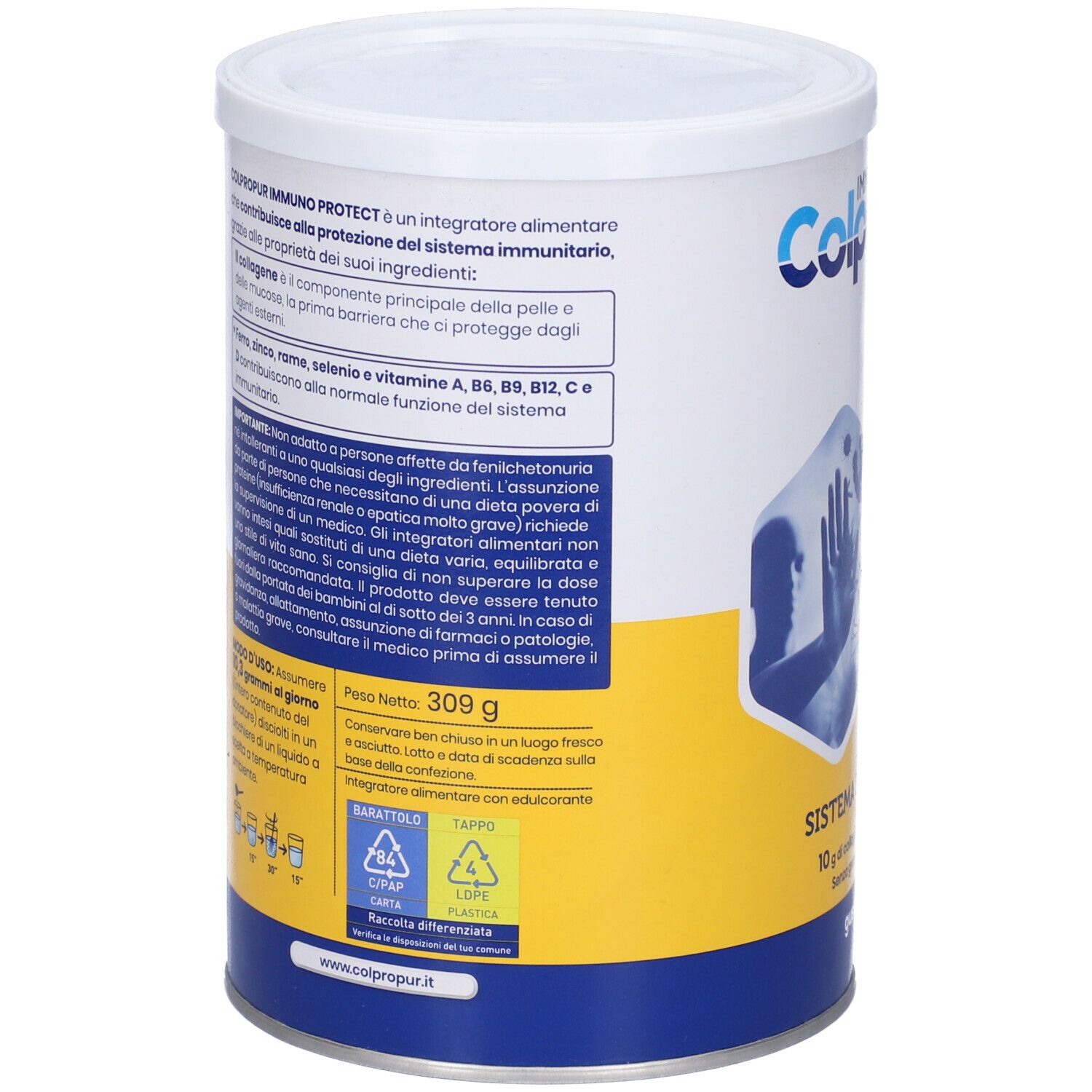 Barattolo cilindrico con coperchio bianco. Scritta: Colpropur Immuno Protect, collagene. Contiene vitamine e minerali.