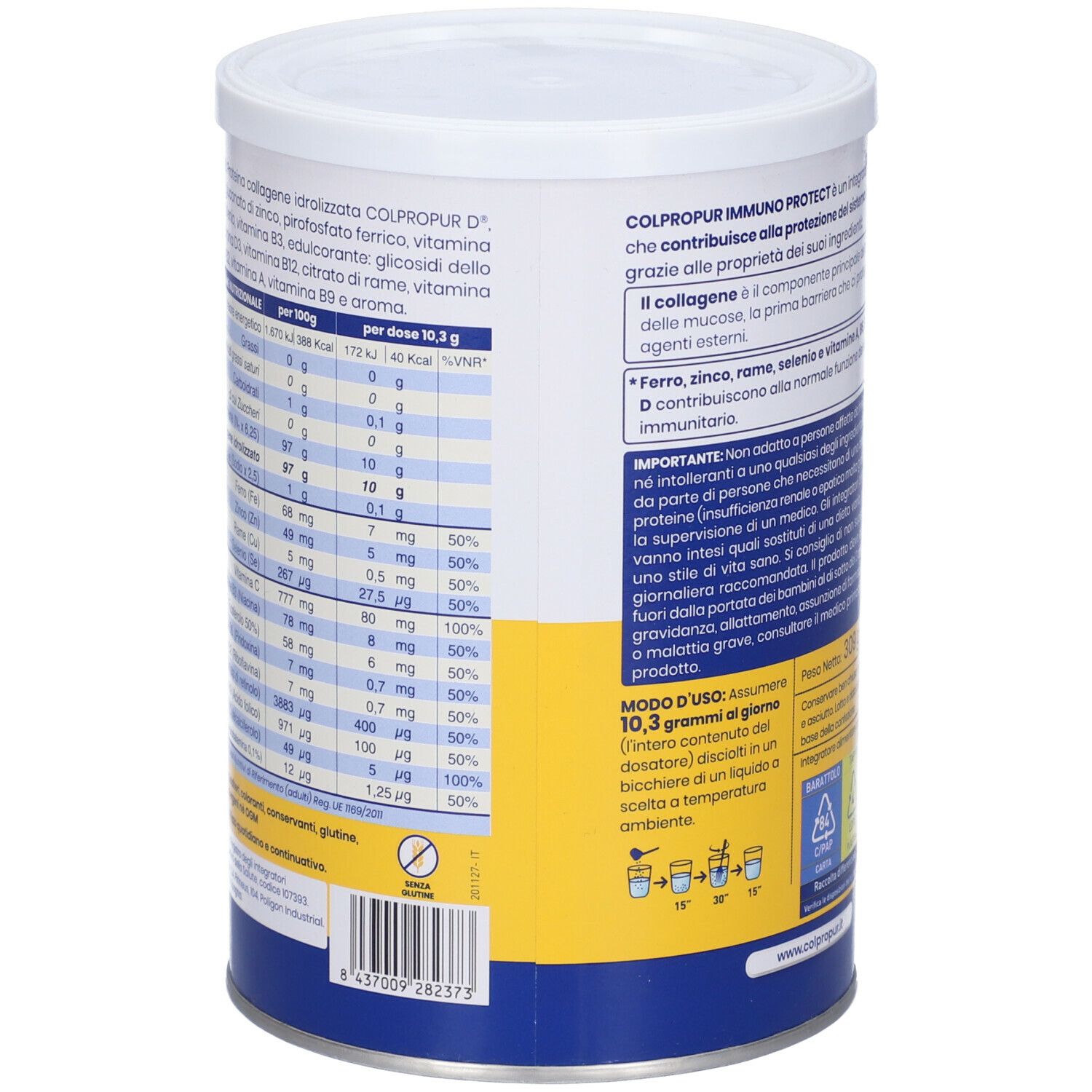 Barattolo cilindrico con coperchio bianco. Scritta: Colpropur Immuno Protect, collagene. Contiene vitamine e minerali.