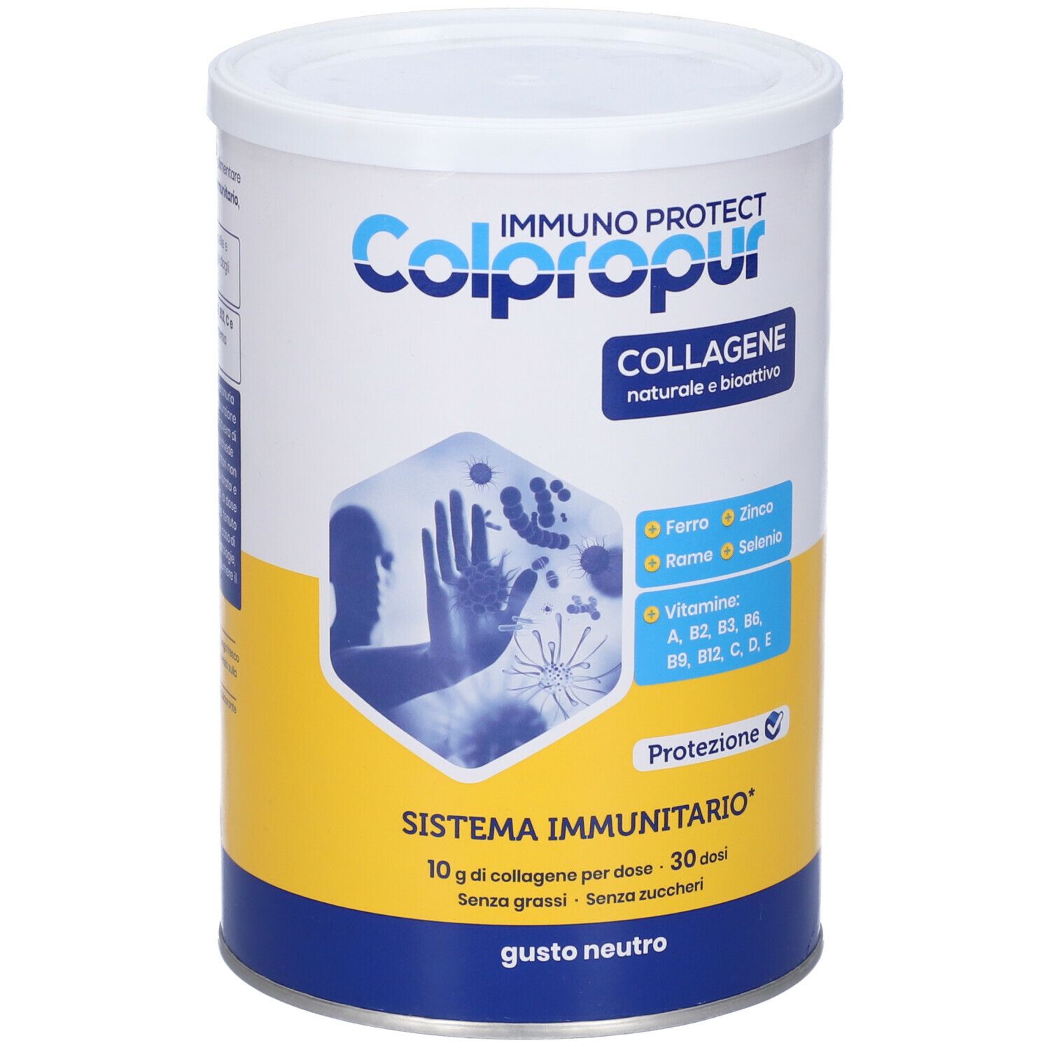 Barattolo cilindrico con coperchio bianco. Scritta: Colpropur Immuno Protect, collagene. Contiene vitamine e minerali.