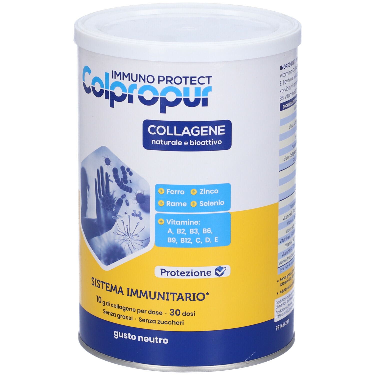 Barattolo cilindrico con coperchio bianco. Scritta: Colpropur Immuno Protect, collagene. Contiene vitamine e minerali.