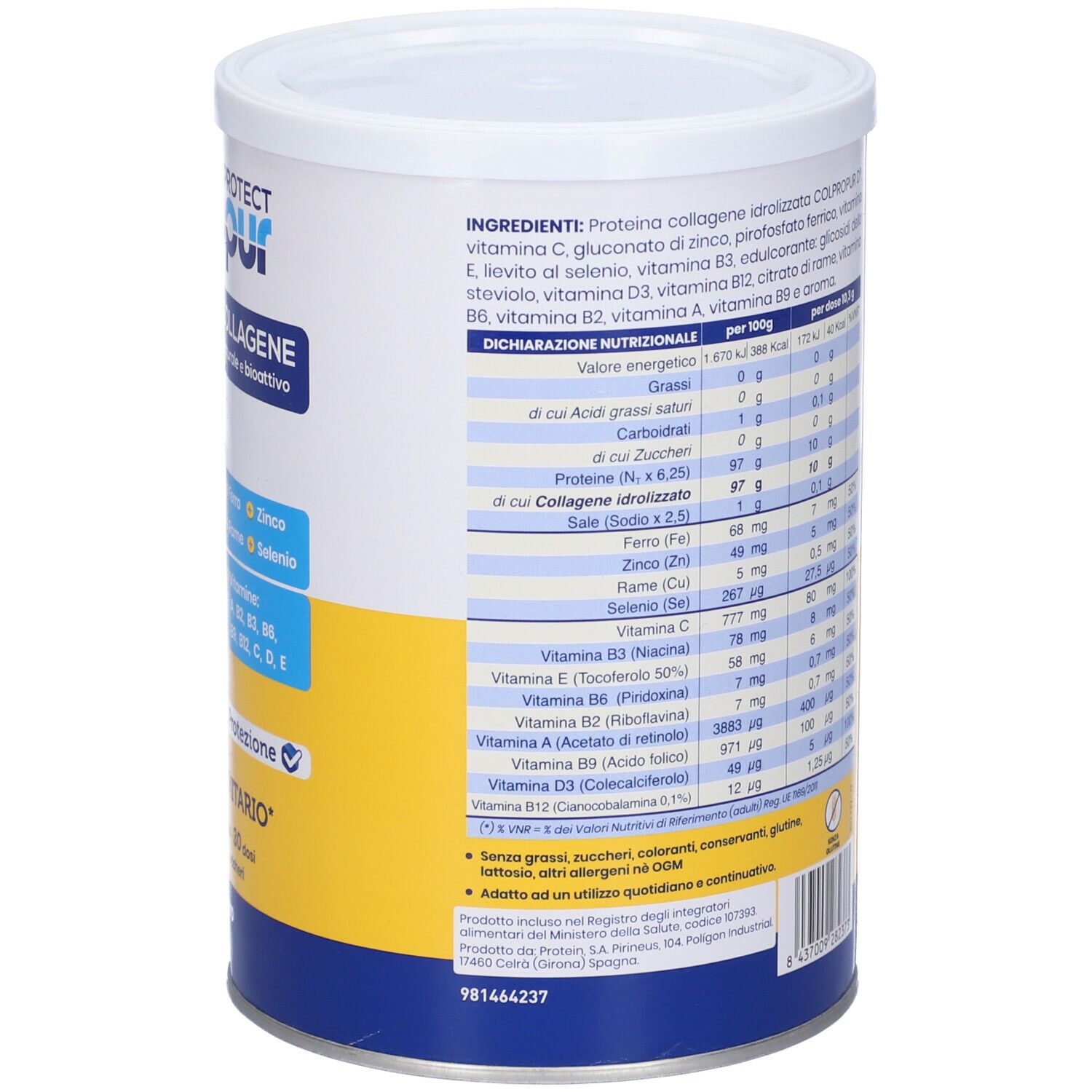 Barattolo cilindrico con coperchio bianco. Scritta: Colpropur Immuno Protect, collagene. Contiene vitamine e minerali.