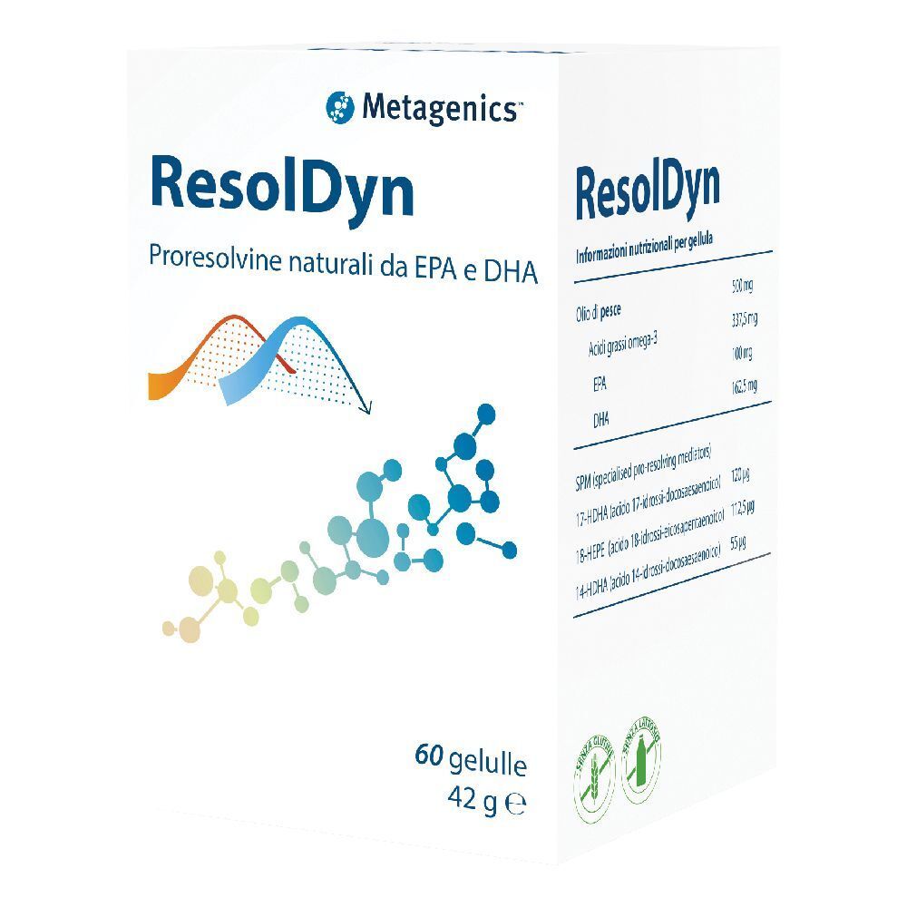 Scatola bianca con 'ResolDyn' e logo 'Metagenics'. Contiene 60 capsule. Scritto: 'Proresolvine naturali da EPA e DHA'.