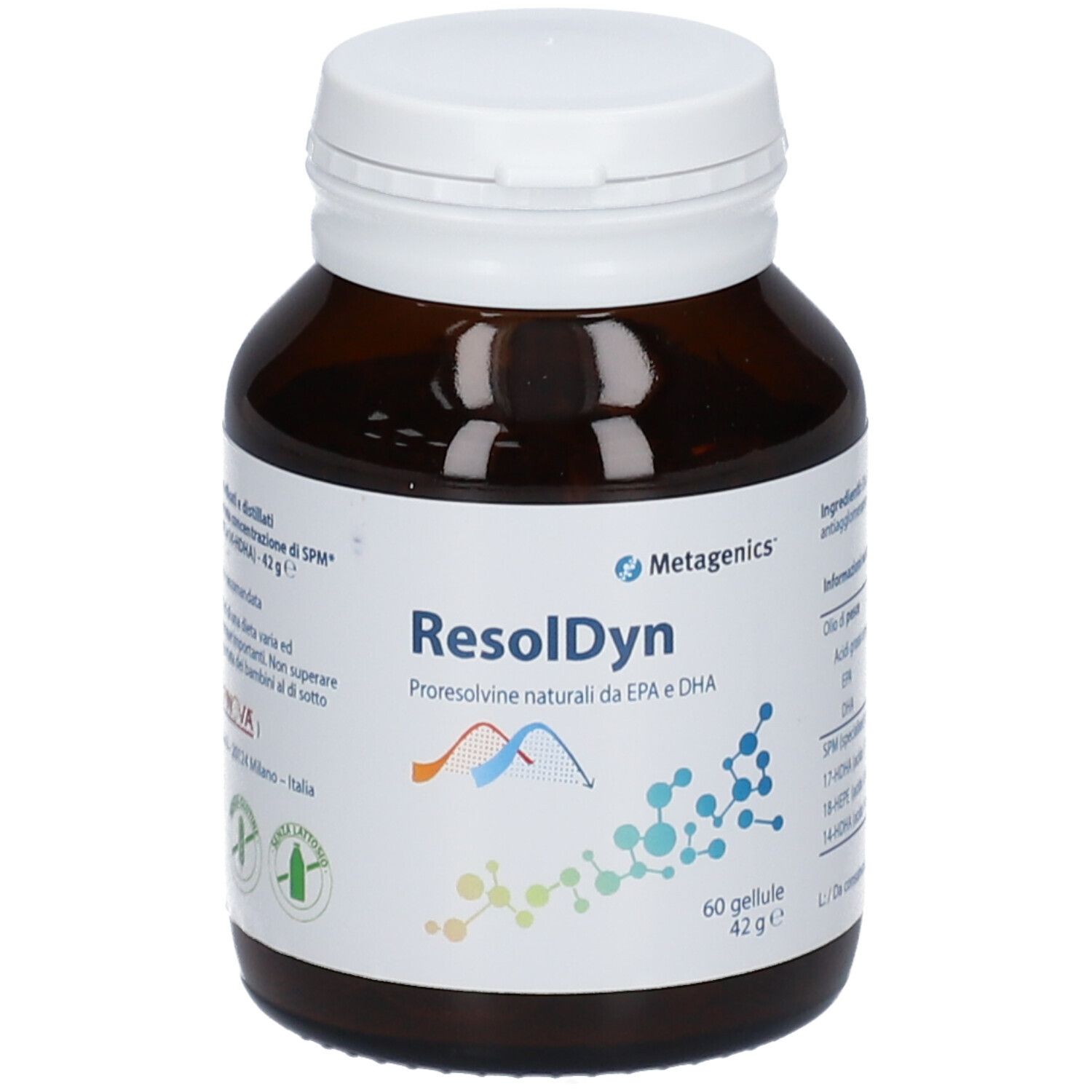 Flacone di vetro marrone con coperchio bianco. Etichetta con 'ResolDyn' e logo 'Metagenics'. Contiene 60 capsule. Scritto: 'Proresolvine naturali da EPA e DHA'.
